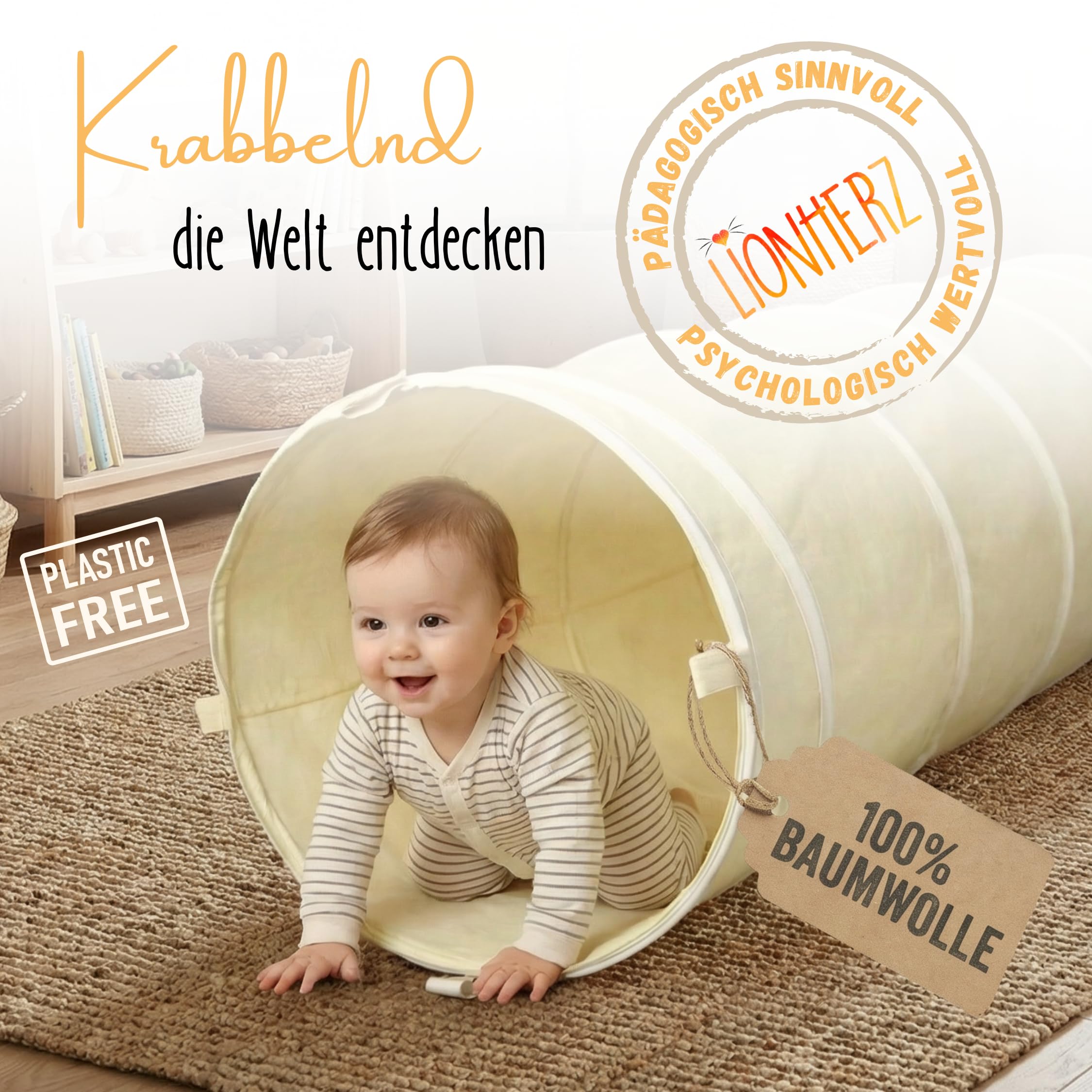 LIONHERZ® Spieltunnel für Kinder aus 100% Baumwolle mit Klettverschlüssen | Krabbeltunnel für Baby [180cm x 46cm] Faltbarer Pop-up Kriechtunnel | Krabbelrolle passend zu unserem Tipi (Cremeweiß)