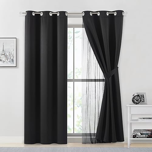 Miniatura 5 de Cortinas opacas completas negras con superposición transparente, mezcla y combinación, paneles de ventana con aislamiento térmico de doble capa de