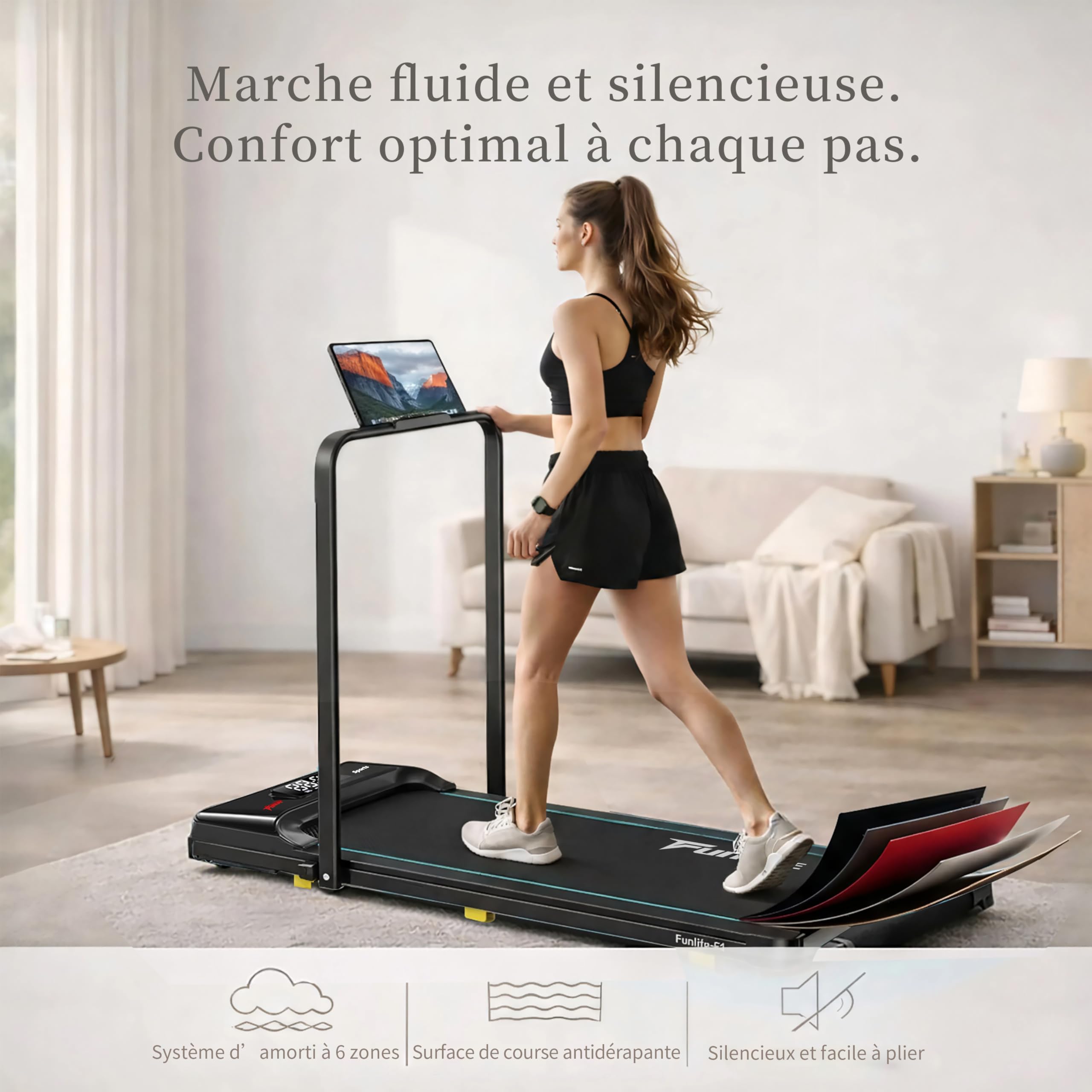 Walking Pad/Tapis de Course à Domicile, Pliable, Mini Tapis de Course 3 en 1 avec Poignée, Silencieux et Plat, Jusqu'à 120 kg, Convient pour Bureau et Bureau à Domicile, Seniors et Rééducation