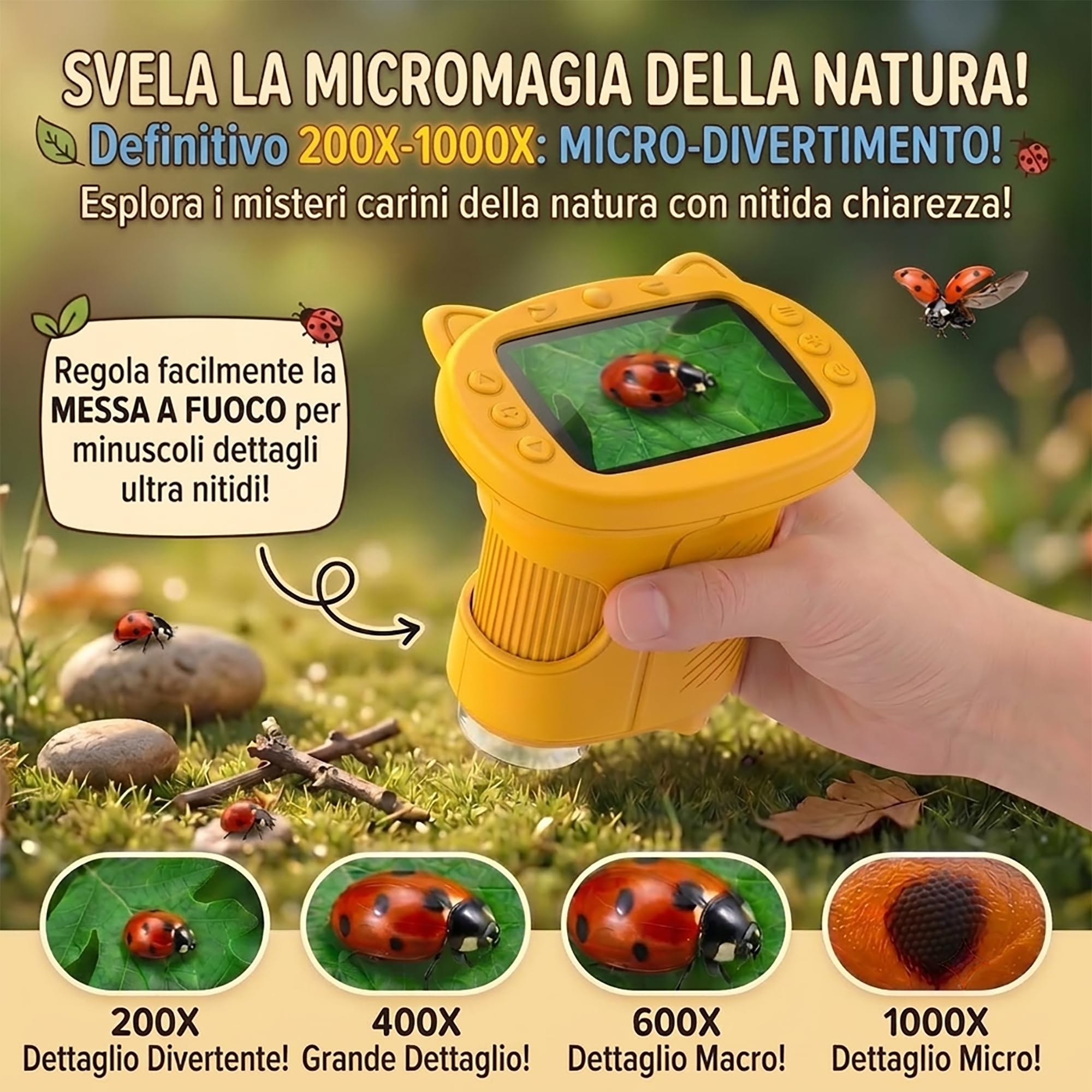 Microscopio Bambini, Microscopio Digitale 1000X 4K con Schermo 2,4″, 8 LED, USB Ricaricabile, Giocattolo Educativo per Scuola, Idea Regalo di Natale e Ritorno a Scuola, per Bambini 3–12 Anni