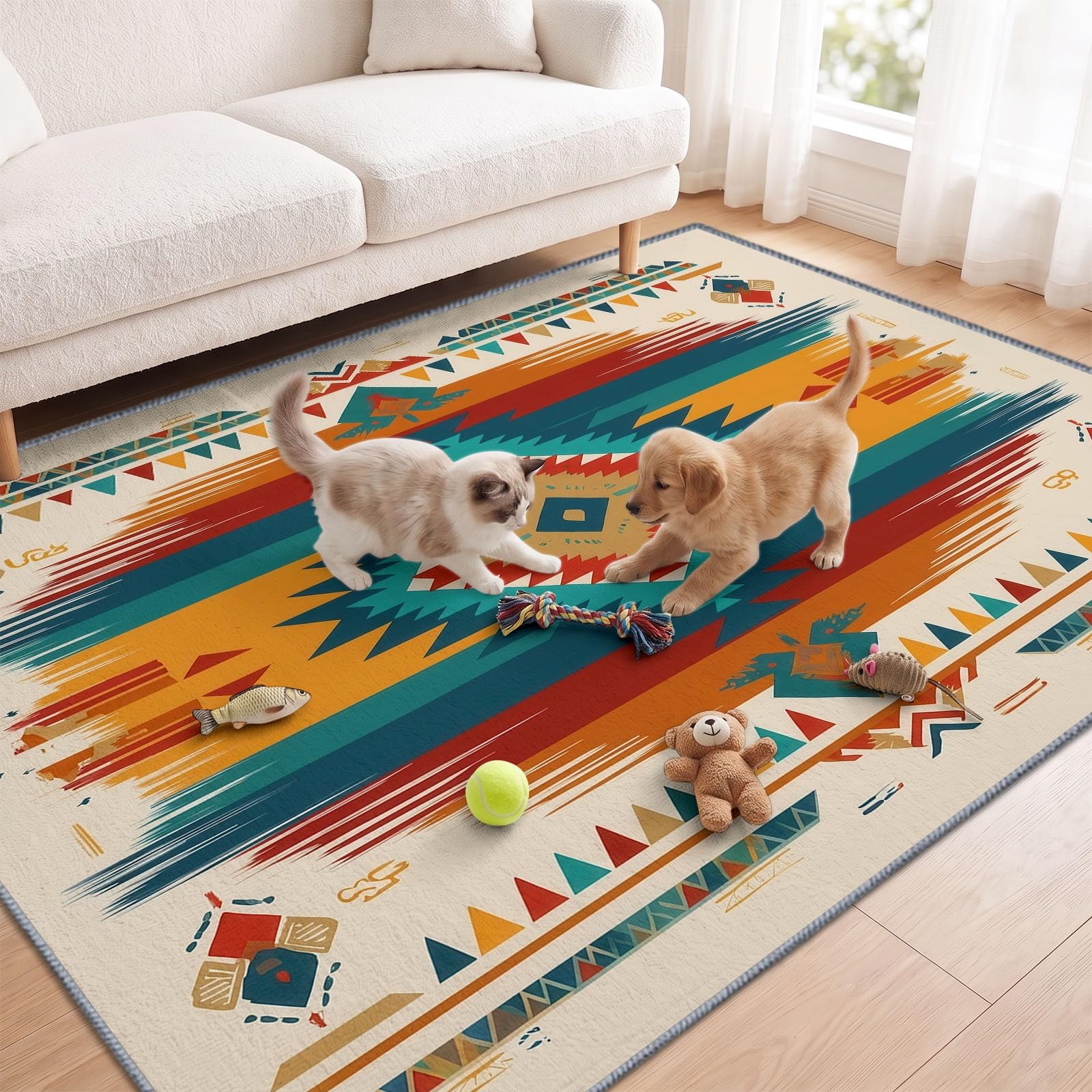 Tappeto azteco lavabile per soggiorno 120 x 170 cm, a pelo basso con bordo geometrico a diamante, antiscivolo, super morbido, per camera da letto, sala da pranzo, corridoio, salotto, ufficio