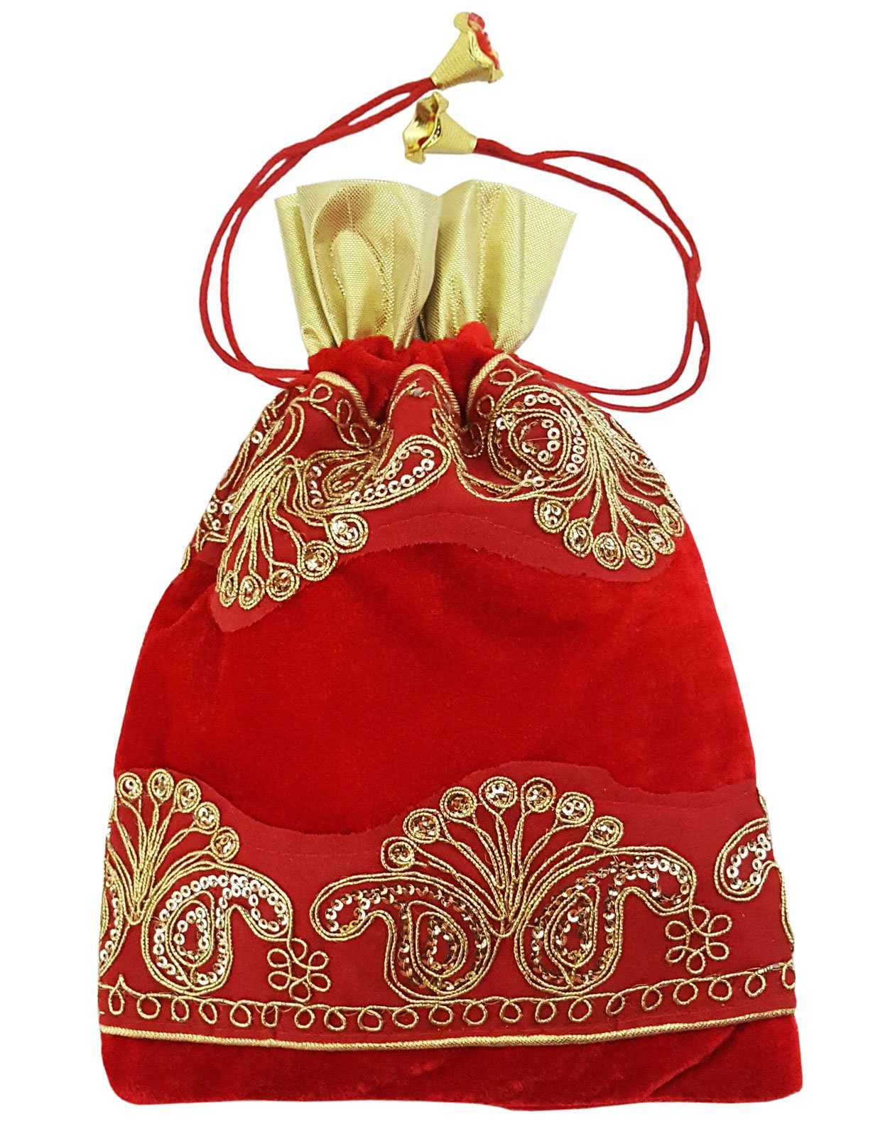 Red Velvet Golden Zardosi Sequence Work Big Size Shagun Potli Pouch-image-46