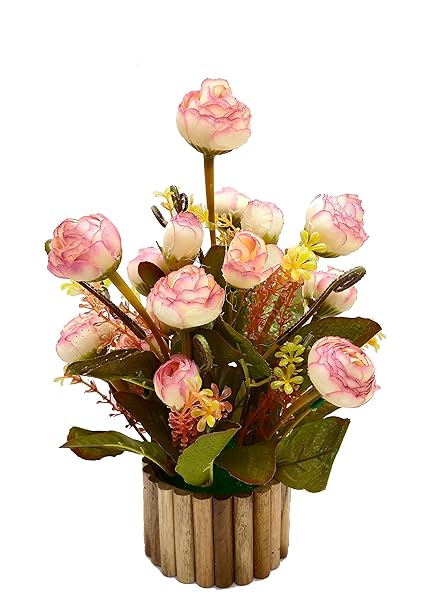 Olive Trees Artificial Peony Flowers with Wooden Pot for Home Decoration, Office & Gift (12 Inch/30 cm) (Pink Shaded)