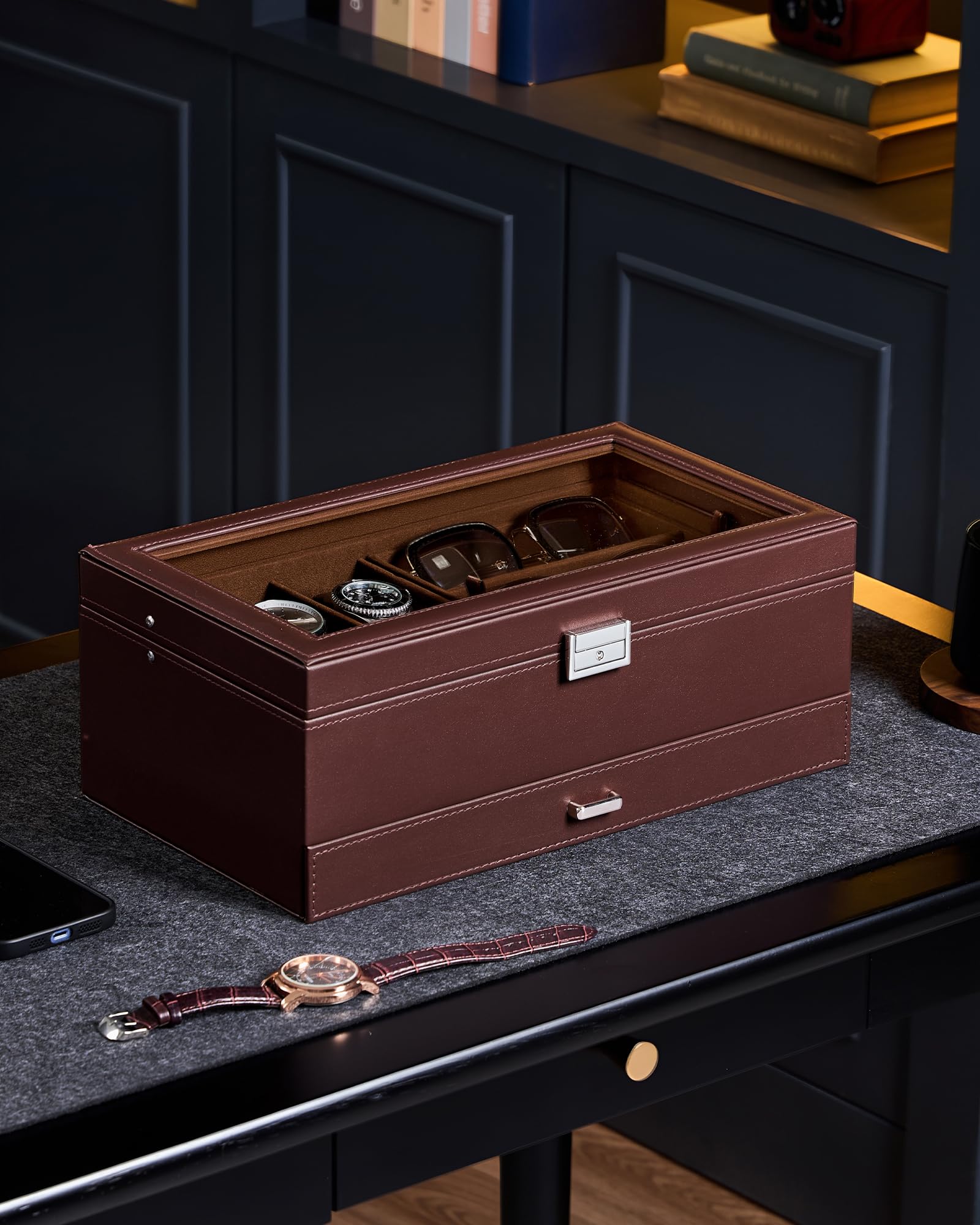 ProCase Caja Joyero para Hombres con Cerradura, 6 Espacios Relojes, PU Cuero, Marrón