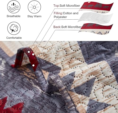 Miniatura 10 de Juego de edredón de oso de alce tamaño individual, juego de ropa de cama rústica de cabaña a cuadros, colcha reversible para el hogar, colcha de