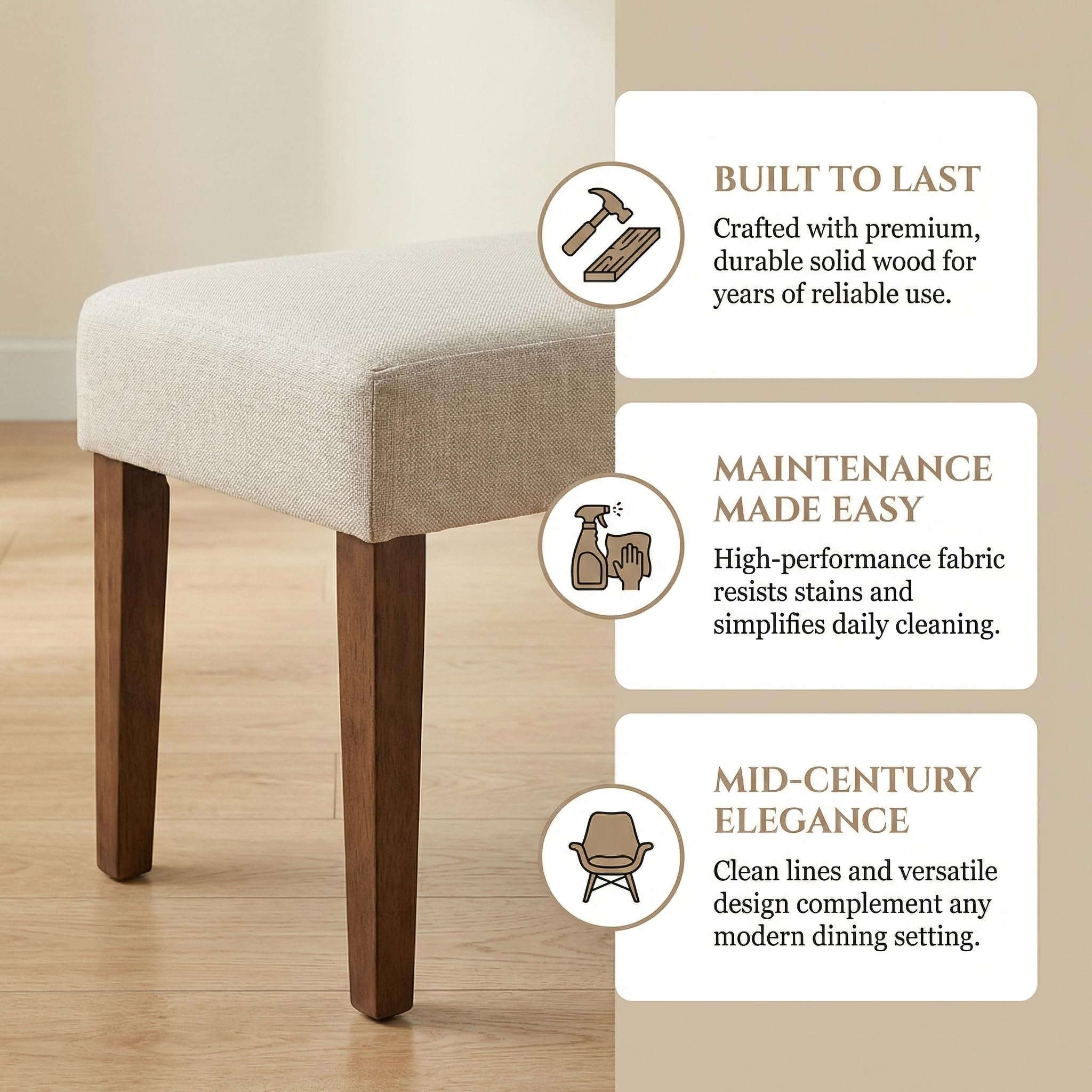 HNY Farmhouse Upholstered Dining Bench Seat, 45" Linen Entryway Bench with Natural Wood Legs, Mid Century Modern End of Bed Bench for Kitchen Bedroom Living Room Hallway, for 2-3 Person, Beige