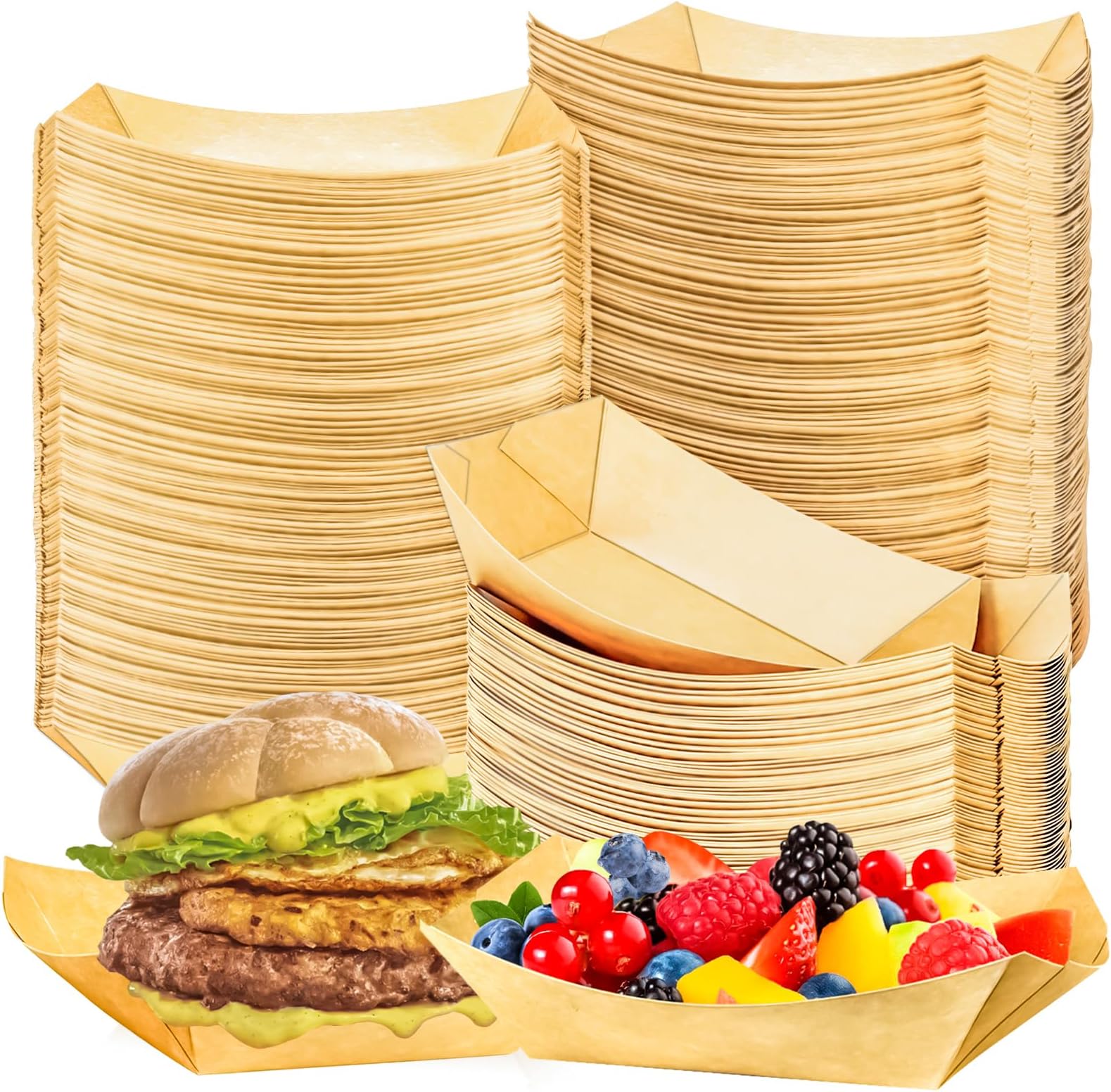 MotBach 120 Pack 2Lb Paper Food Boat Trays Disposable Paper Boat Plate Containers, Kraft Food Serving Tray Boats Baskets for Snack Popcorn Dessert BBQ Hot Dog Burger Sandwich Taco Fries Nacho
