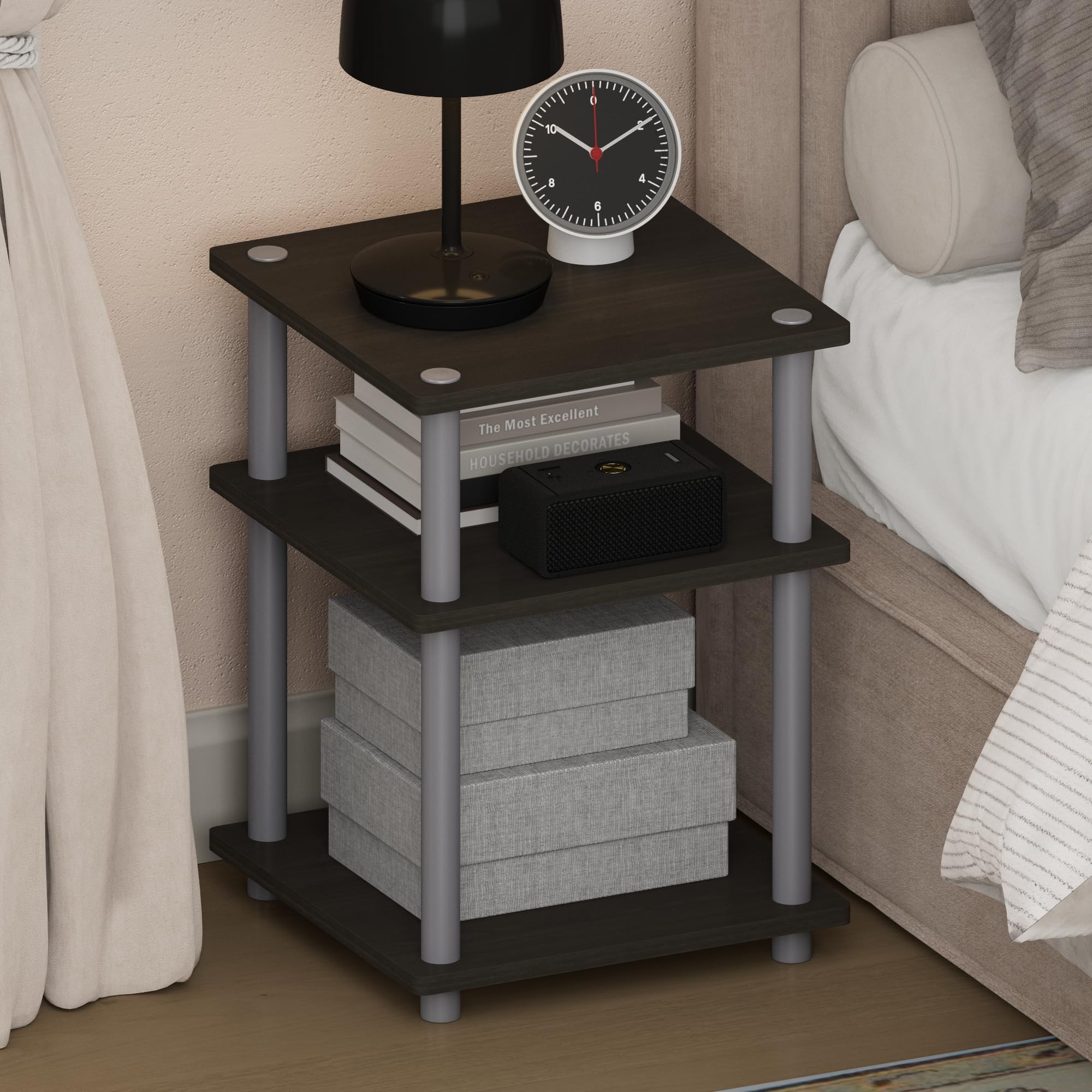 Furinno TURN-N-TUBE Night Stand, 3-Tier Nightstand, Open Shelves Bedside Table, Side Table, End Table, Easy Assembly, for Bedroom, Closet, Living Room, Espresso