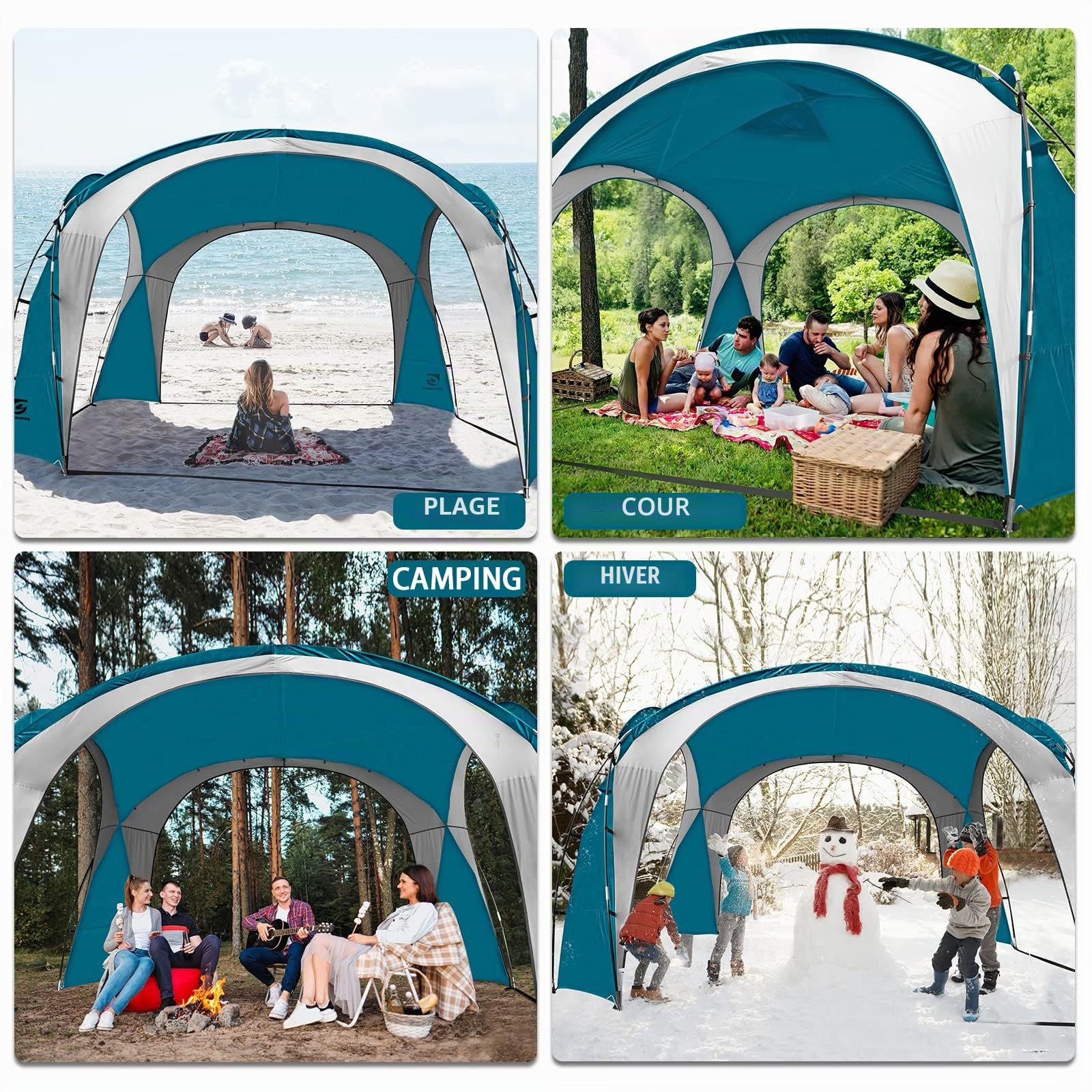 UNICAMPER Grande Tente de Plage UPF 50+ 3,7 x 3,7 m, imperméable et imperméable pour 8 à 10 Personnes avec 2 parois latérales, Parfaite pour Le Camping (Bleu Ciel)