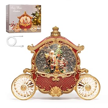 Christmas Red Carriage Snow Globe Lantern with Gift Box - Santa Scene Water Lantern with Glitter Snow - Musical Holiday Decor with LED Lights - Battery Or USB Cable Powered Operated Red with gold