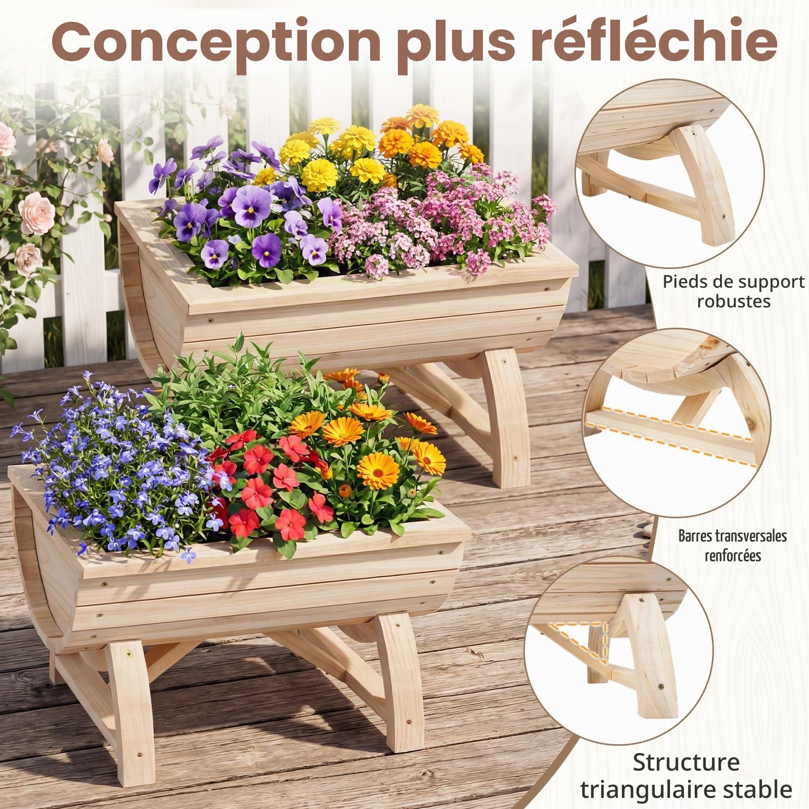 GOPLUS Lot de 2 Jardiniere sur Pieds en Bois Massif, 39x30x24 CM, Carre Potager Forme Demi-Tonneau avec Trou de Drainage pour Légumes, Plantes, Herbes, Table de Culture pour Balcon, Jardin