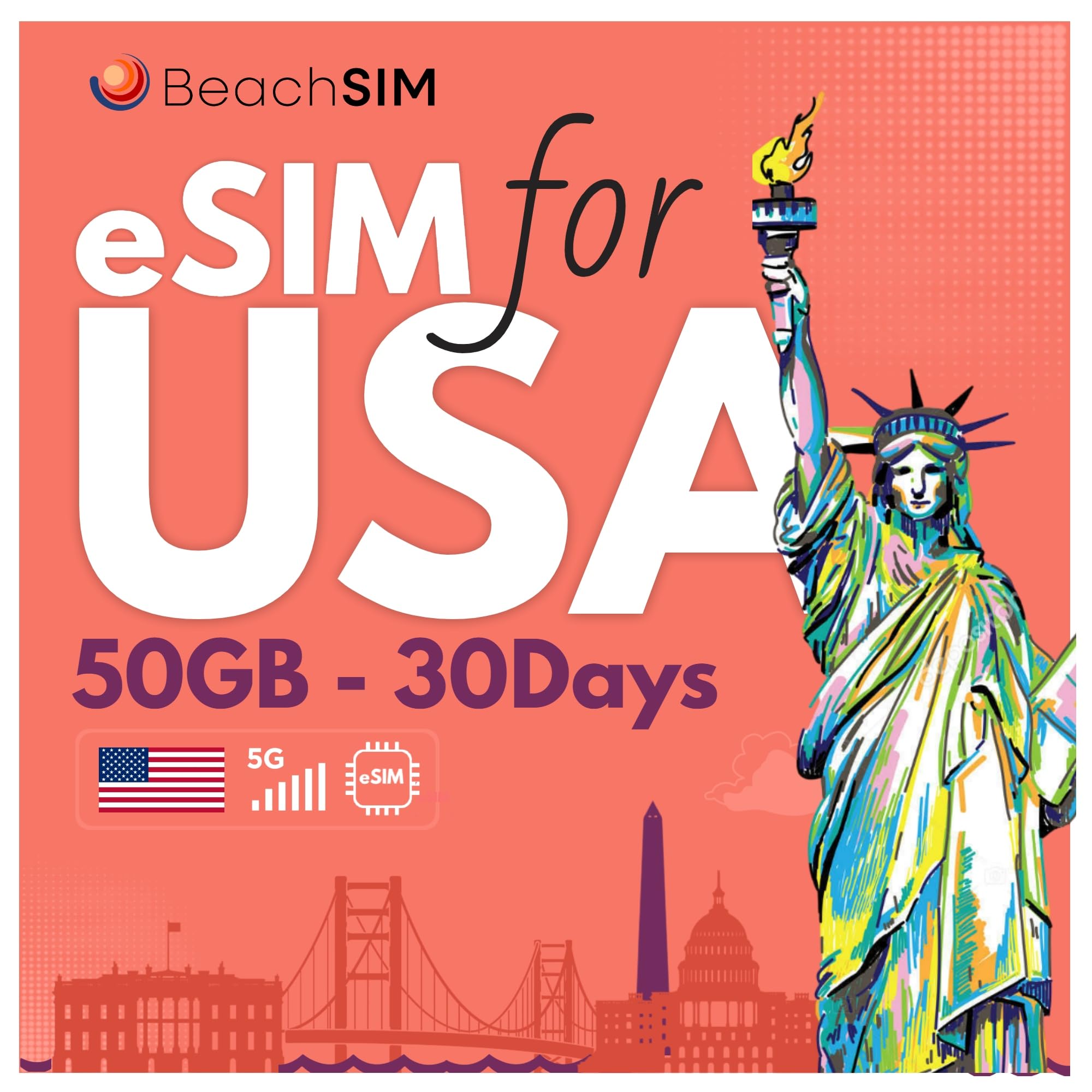 Solo Dati Prepagata eSIM USA 30 Giorni | 50GB Dati 4G/5G ad Alta Velocità | Attivazione Rapida Online | Facile da Ricaricare o Estendere | Compatibile con Dispositivi iOS e Android Sbloccati