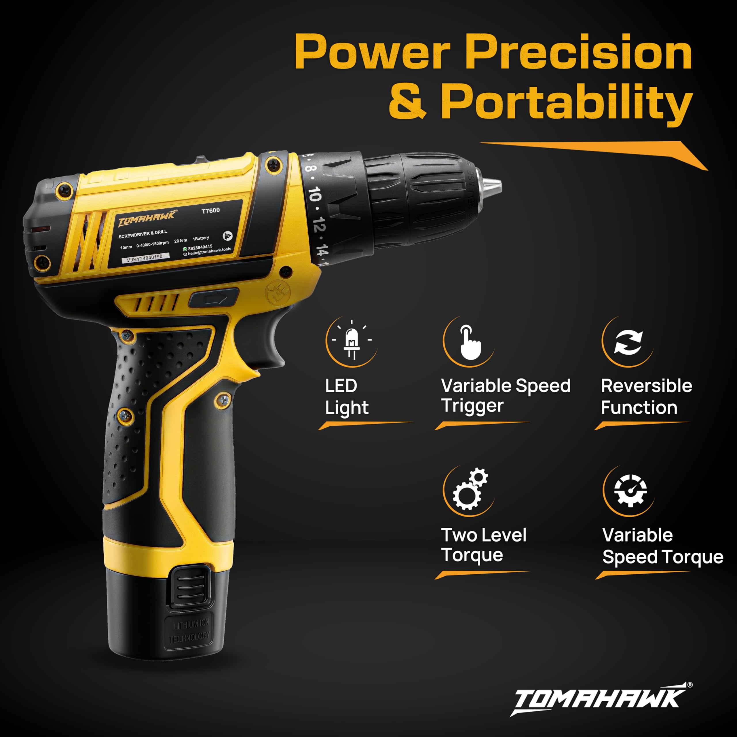 Tomahawk T7600-S 12V Cordless Drilling Machine & Screwdriver Kit | Wall Drilling | 10mm Chuck | 2-Speed 350/1350 RPM | 28 Nm | 18+1 Clutch | 1.5Ah Battery + Charger | LED + Indicator 3