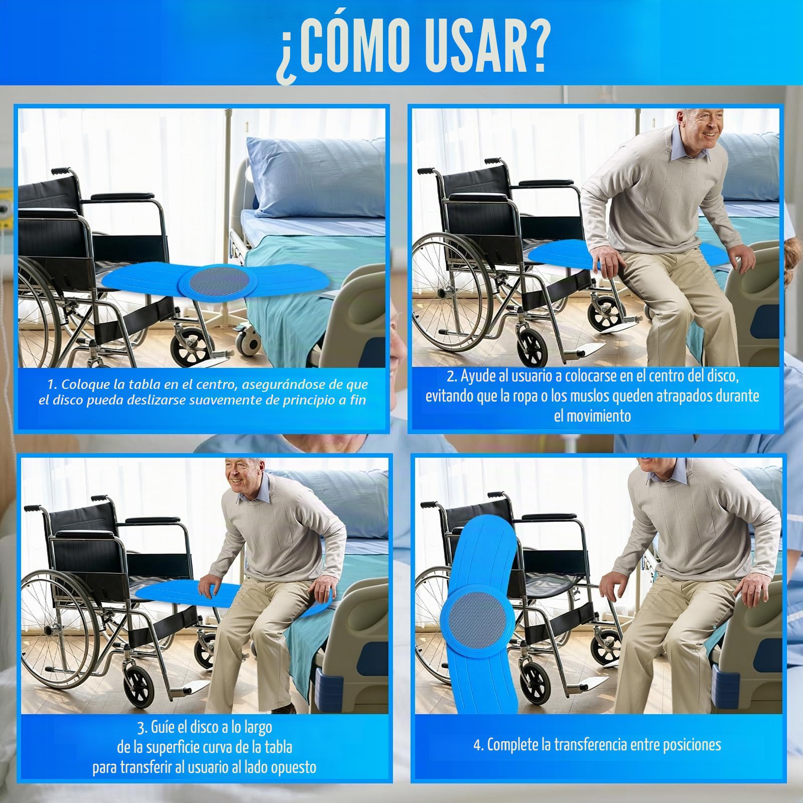 Tabla de Transferencia, 90 cm Tabla de Transferencia para Personas Mayores con Disco Giratorio de 360°, Capacidad Peso 150 Kg, Transferir Pacientes a Sillas de Ruedas, Camas, Aseos o Coches