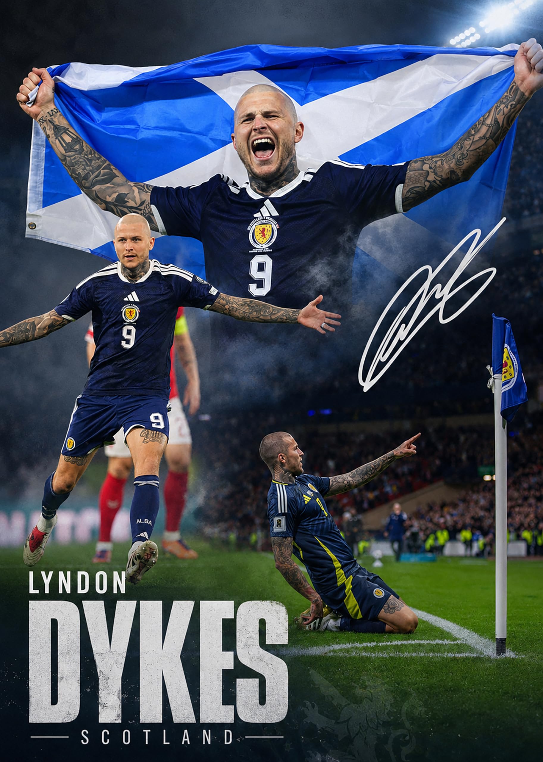 RJR PRINTS Lyndon Dykes Scotland 2026 World Cup Football Signed A4 Montage Photo Print With A Pre Printed Signature Which Would Make A Great Gift For Any Fan.