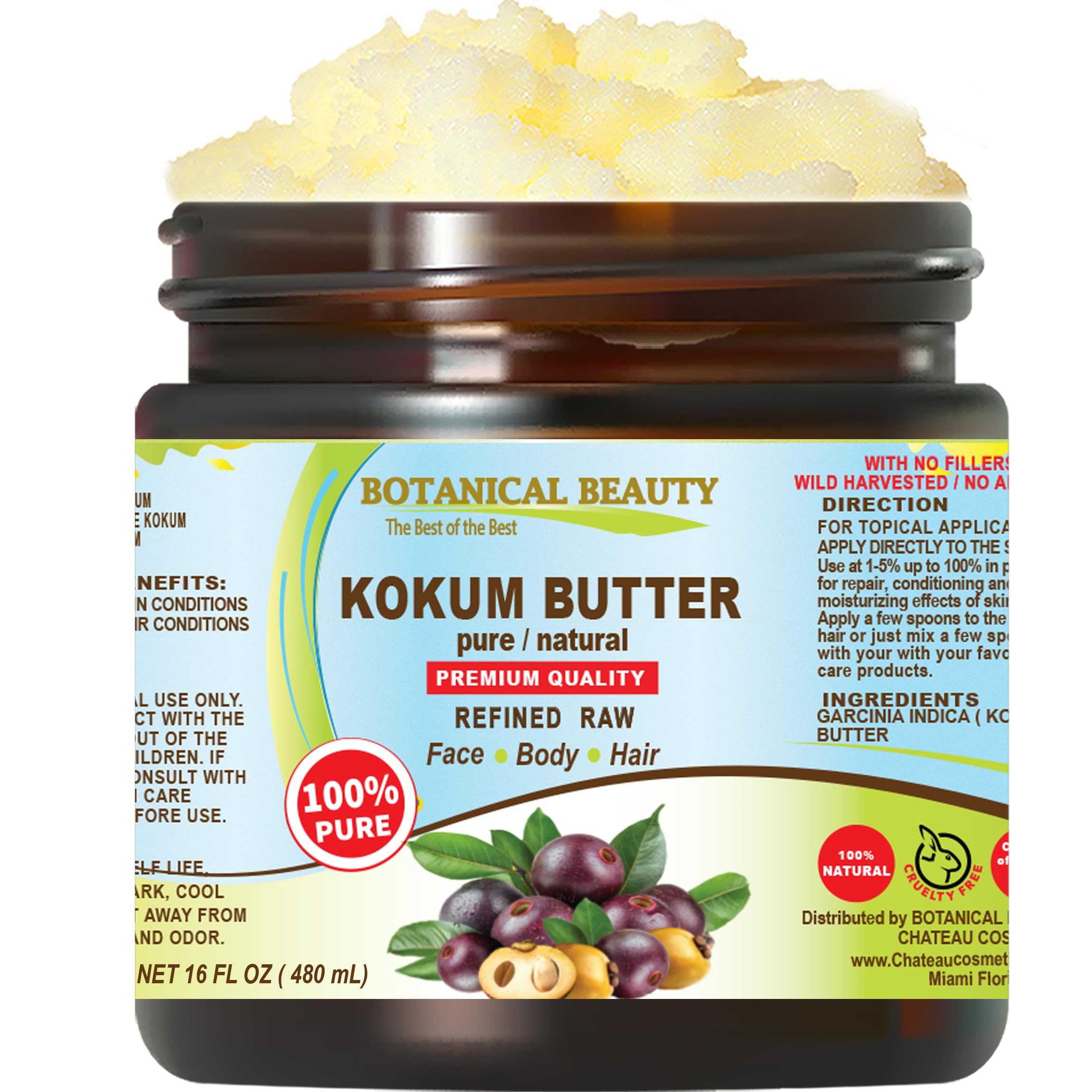KOKUM BUTTER 100% Pure Natural REFINED Cold-Pressed 16 Fl oz 480 ml for Face, Skin, Body, Hair, Lip, Nails. Rich in Vitamin E. Beauty Moisturizing Nourishing Butter Rich in Vitamin E Botanical Beauty