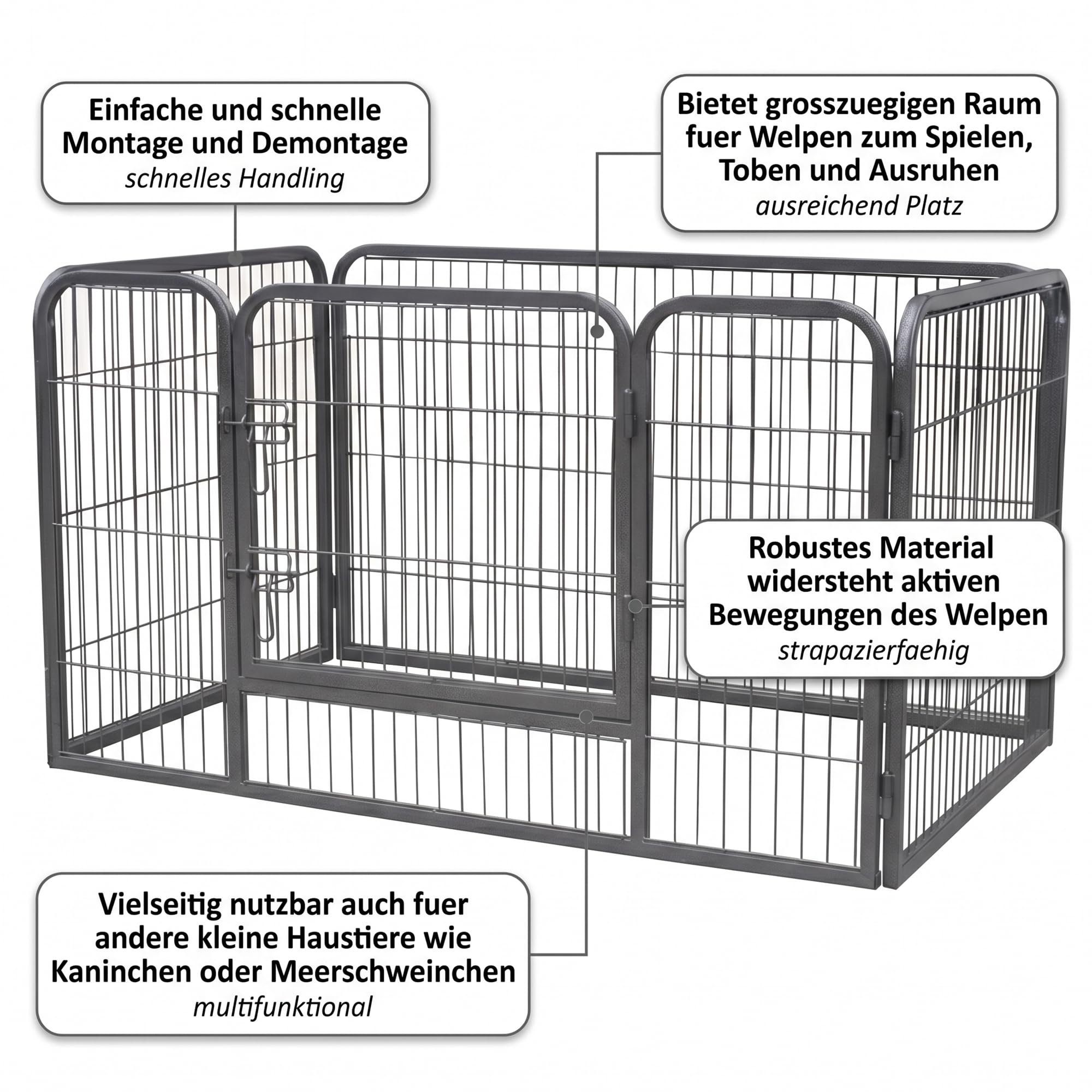 Mucola Welpenauslauf 124x80x70 cm mit Tür – Freigehege Metall mit Hammerschlaglack, Keine scharfen Kanten | Absperrgitter faltbar für Welpen, Kaninchen und Kleintiere, Innen- und Außenbereich