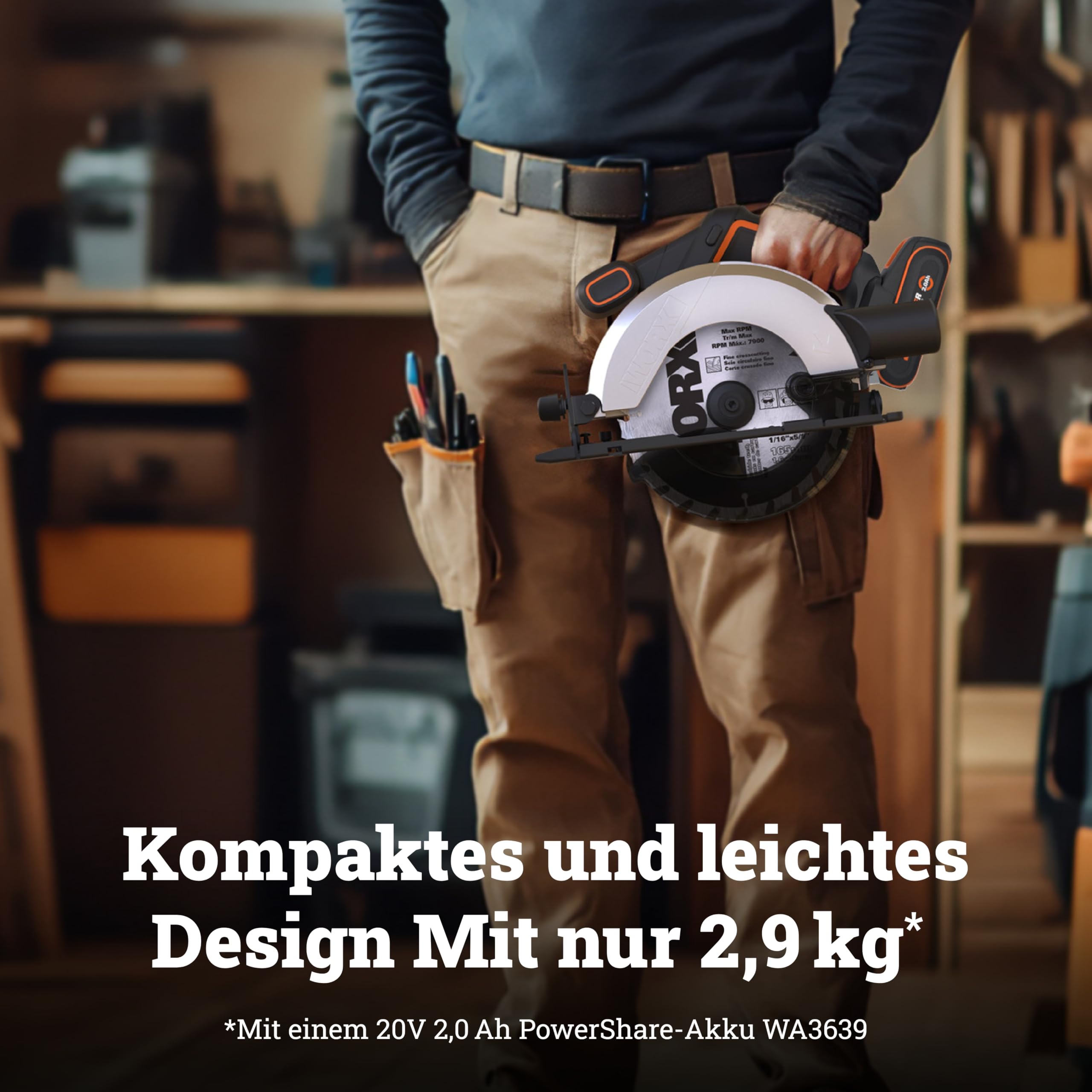 WORX WX526.9 Akku-Kreissäge 20V – 165mm Sägeblatt – 0-50° Neigungswinkel werkzeuglose Einstellung – 55mm max. Schnitt (90°) – kompaktes Design – Absaug-Adapter – ohne Akku & Ladegerät
