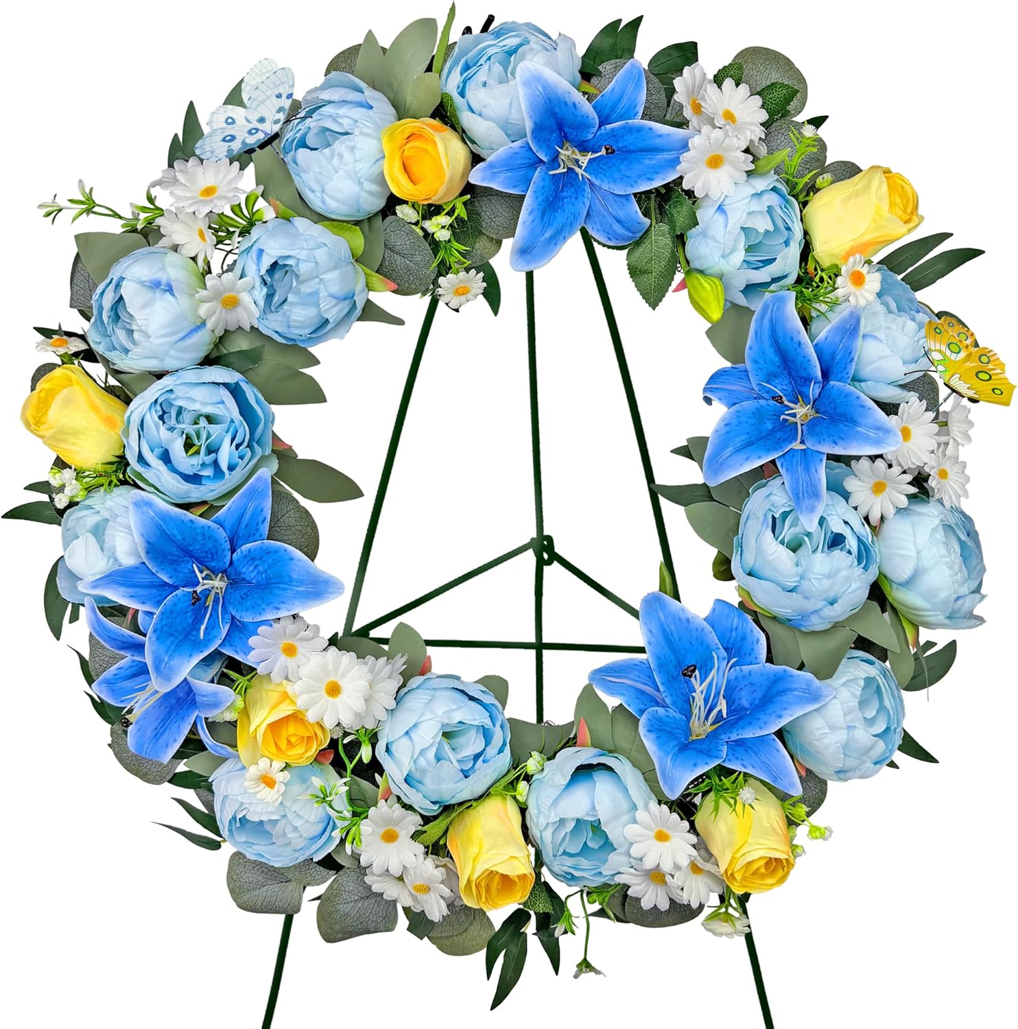 Artificial Cemetery Wreath for Grave, 24" Blue Memorial FWreath with 30" Easeal Stand, Peony Lily Rose Daisy for Gravesites Decoration