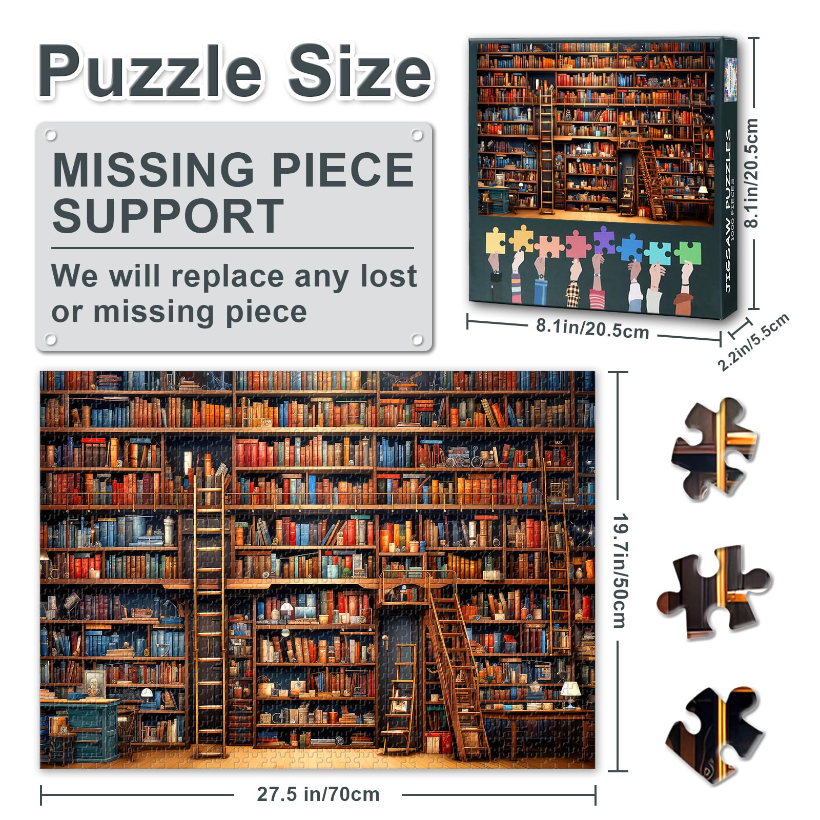Vintage Library 1000 Piece Puzzle for Adults Bookshelf Filled with Lots of Books Collage Puzzles Learning and Education Concept Jigsaw Puzzles Family Challenging Puzzle Gifts 50x70 cm - Image 3