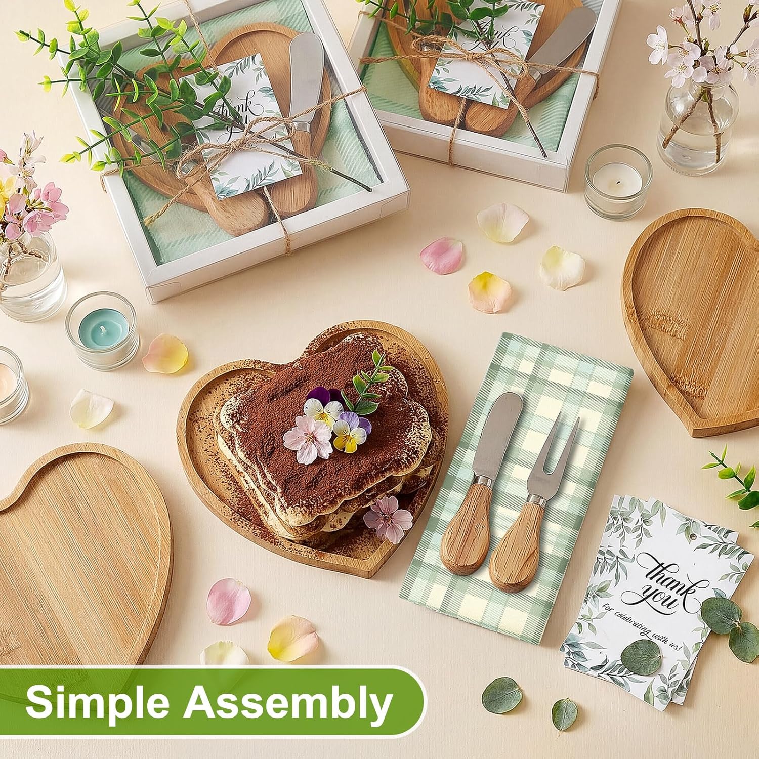 LemonRoad 12 Set Bridal Cutting Board Gift Heart Shaped Charcuterie Board with Knives Forks Kitchen Towels Thank You Tag Bamboo Serving Tray for Wedding Valentines Housewarm Birthday Party Favors