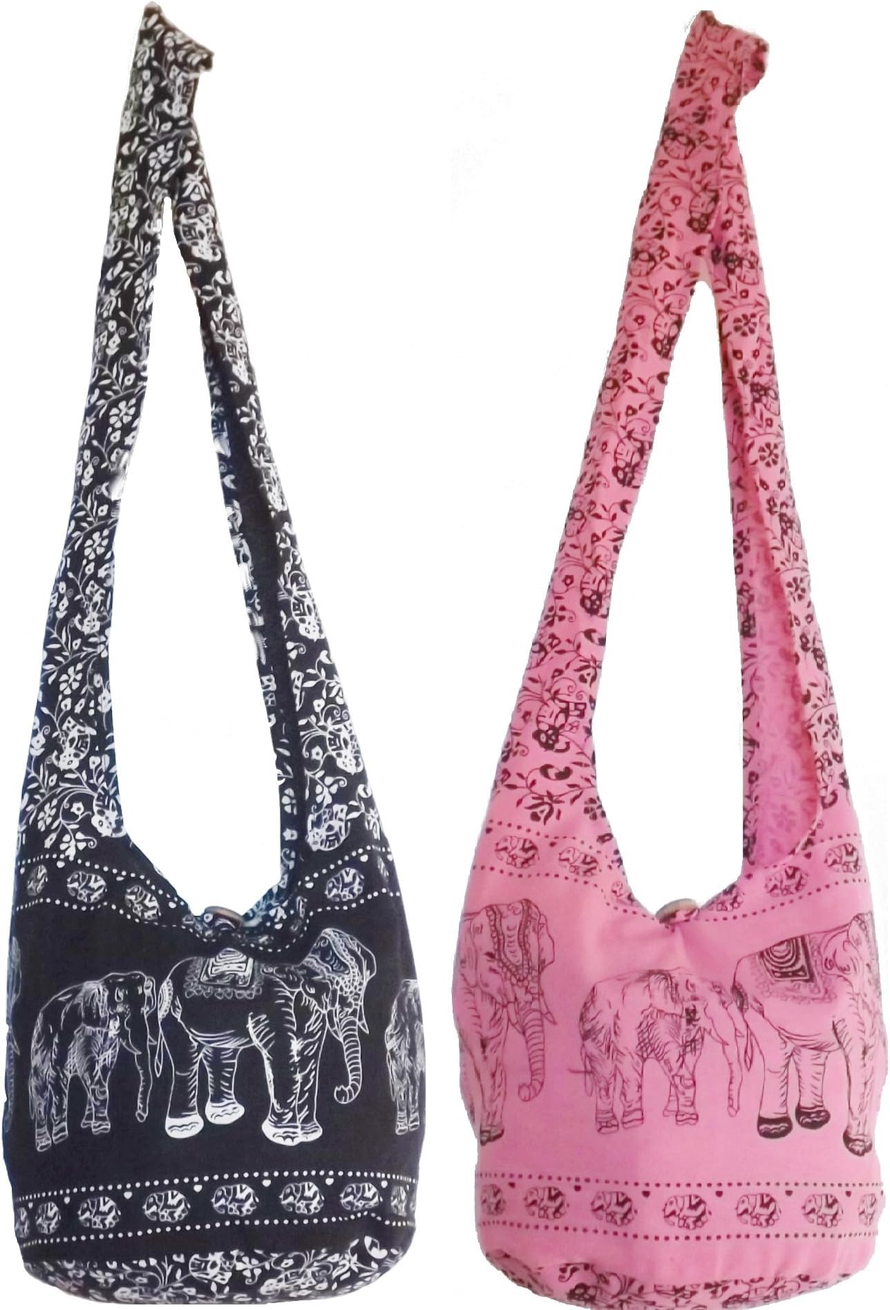 Pink Elephant & Black Elephant Regular Sling Cross Body Shoulder Hippie Hobo Thai Cotton Boho, Beach, Gym, Craft, Grocery Bags Fishing Lunch Messenger Weekender Carry-on Bags and Purses by Audrey Slavich