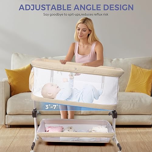 Miniatura 5 de Cuna para Bebé al Lado de la Cama, Cuna con Mayor Estabilidad con Lados de Malla Completa, Sábana Suave, 6 Ajustes de Altura, Cesta de