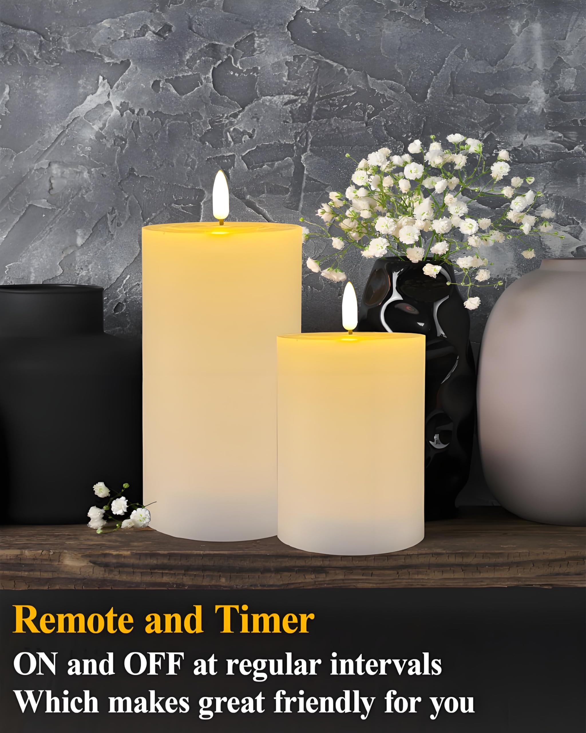 Gmnee Candele cilindriche senza fiamma, confezione da 3 candele a batteria da 350 ore con telecomando, timer, tremolanti, inodore, parte superiore piatta, in vera cera, perfette come grandi candele