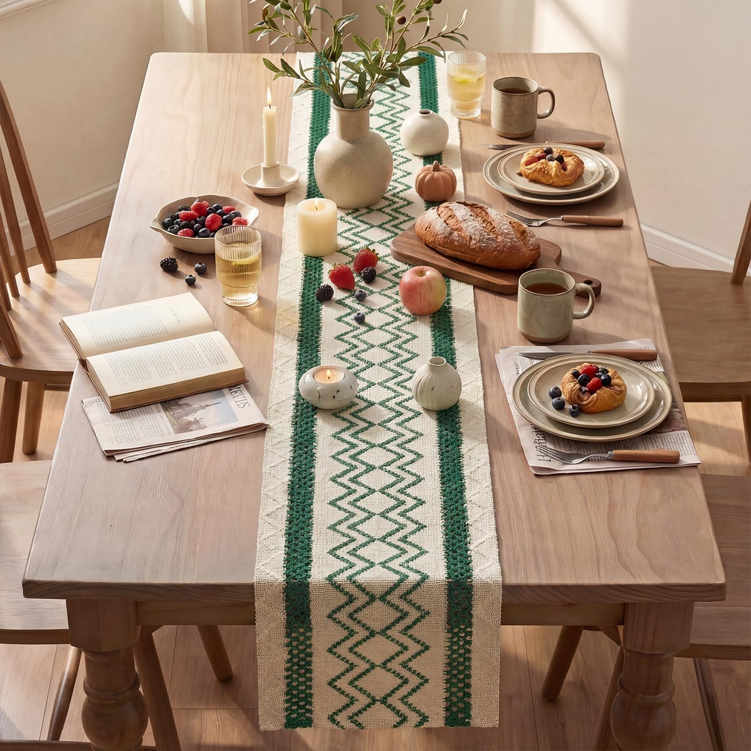 Artoid Mode Forest Green Stripe Diamond Woven Table Runner 12x120 Inch image 4