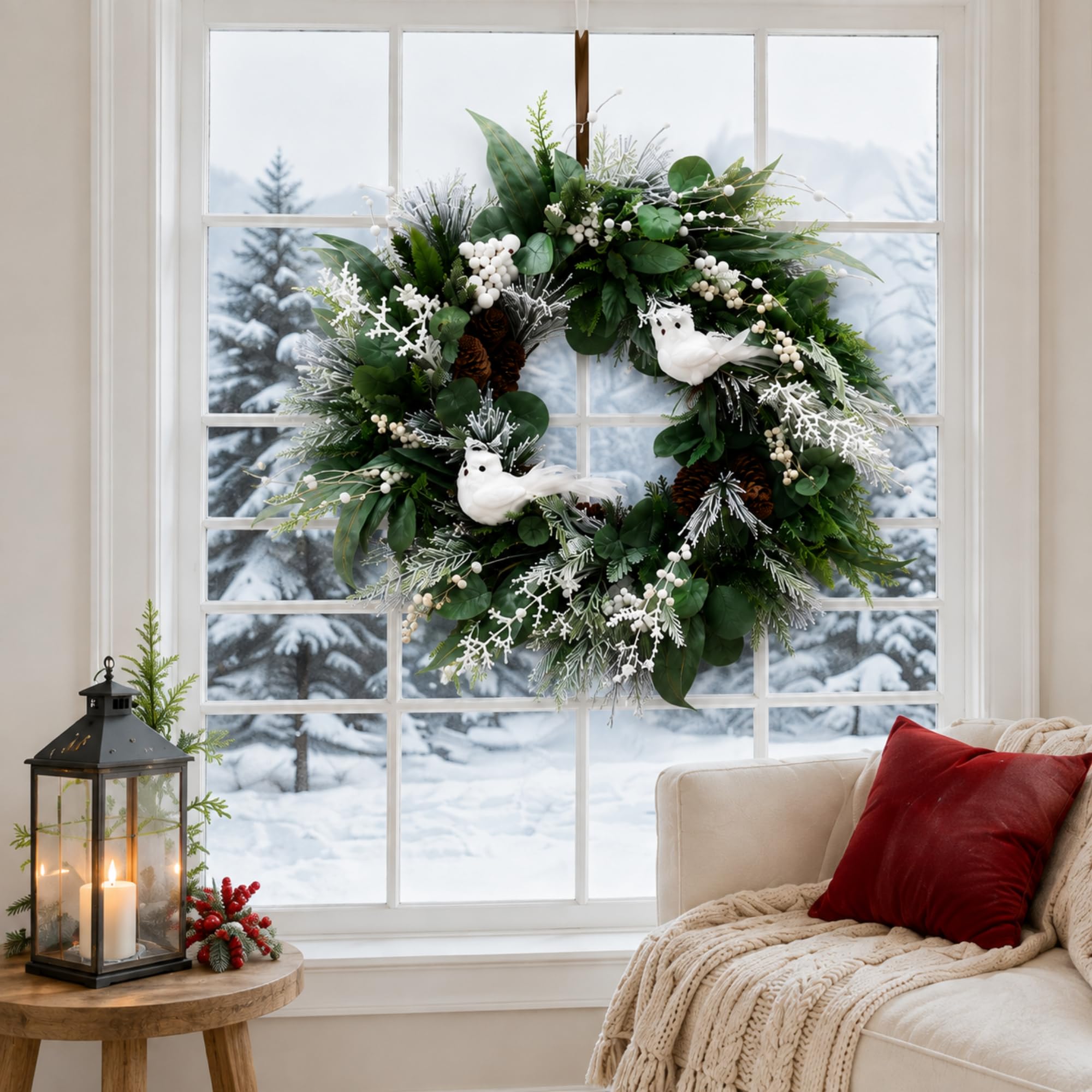 Norme Ghirlanda invernale da 61 cm per porta d'ingresso, ghirlanda natalizia con gufo bianco, pigne di cedro e bacche bianche, decorazioni invernali innevate artificiali da appendere per le pareti