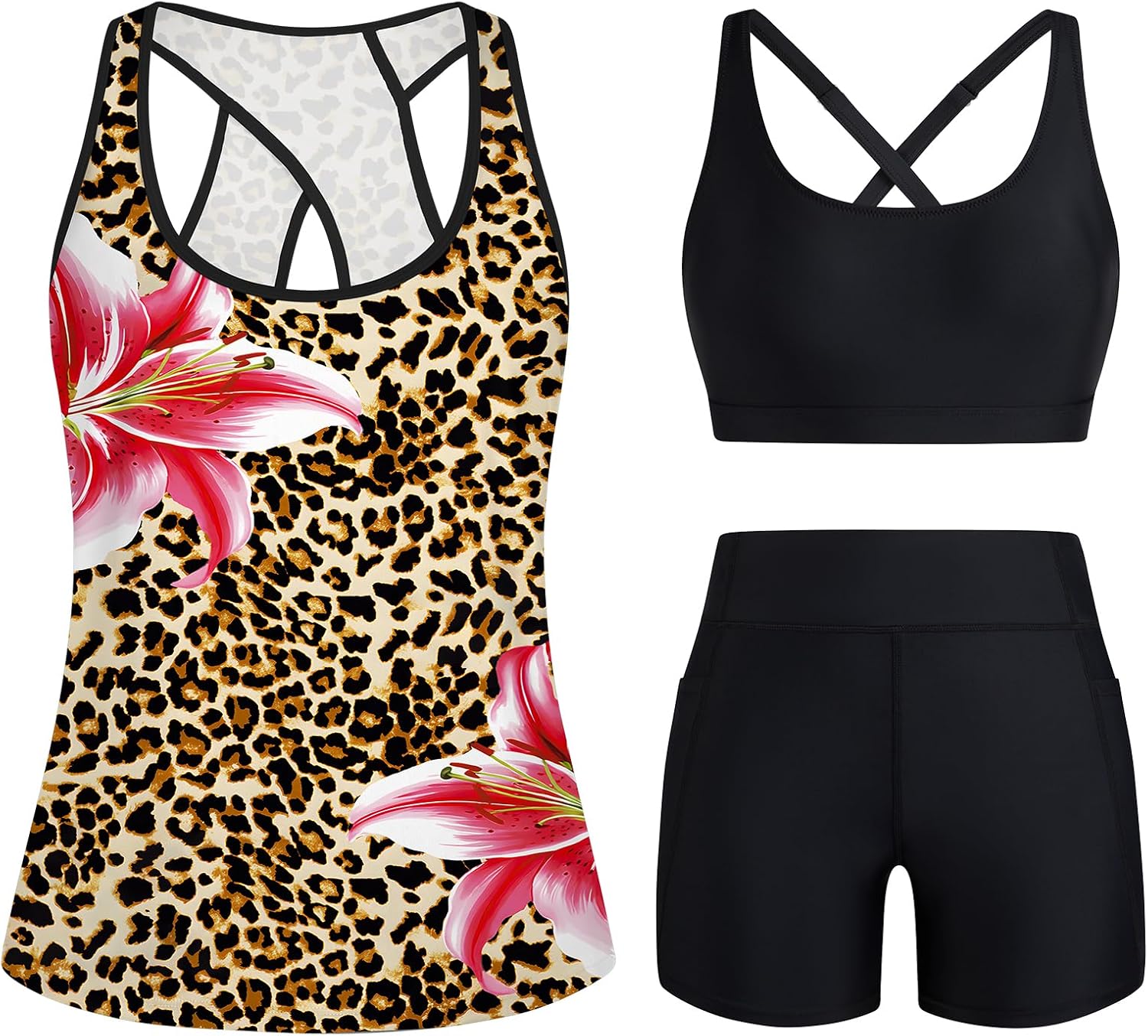 HUSKARY 3 Piece Tankini Swimsuits for Women Swim Tank Top with Bra and High Waist Boy Shorts with Pockets
