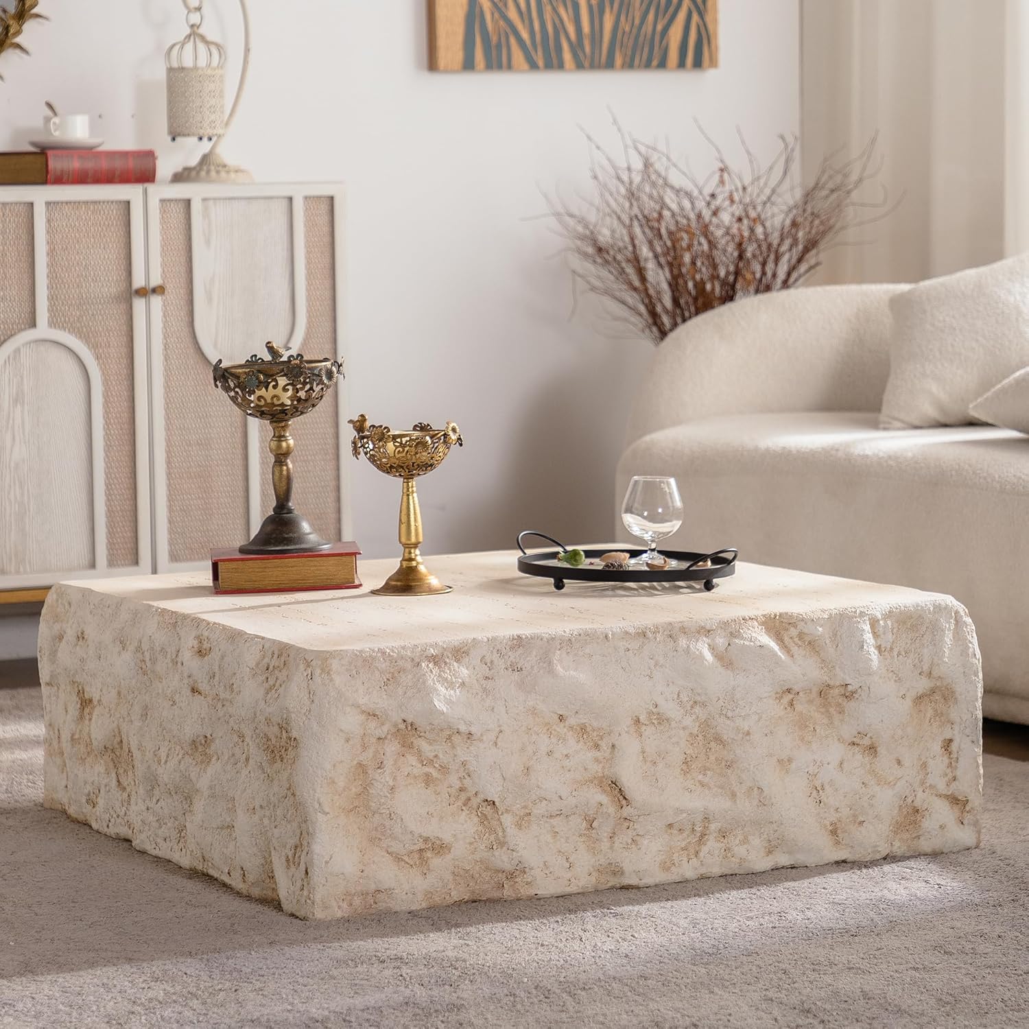 35.43" MgO Square Centre Coffee Table Vintage Faux Stone Sofa Pre-Modern Coffee Tables for Living Room Office Apartment,Amber Amber-b ⌀35.43"