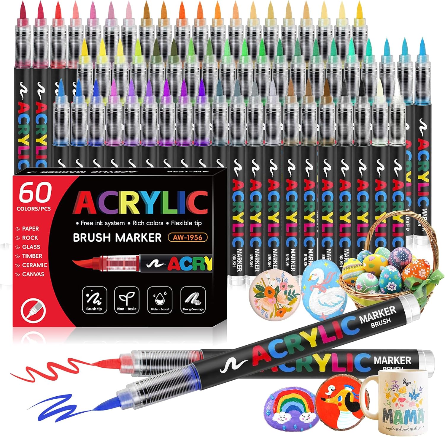 Acrylic Brush Markers,60 Colors Acrylic Markers for Coloring Books,Professional Paint Markers for Wood,Paper,Plastic,Glass,Fabric,Automatic Ink Control marcadores acrílicos (60 Colors)
