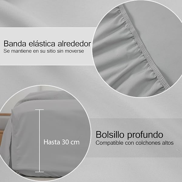 H HANSEL HOME Juego de Sábanas de Microfibra Cepillada, Sábana Bajera Ajustable Altura 30 cm, Encimera y Fundas de Almohada, para Cama 105cm, 3 Piezas 105x190/200cm - Gris Claro - 3