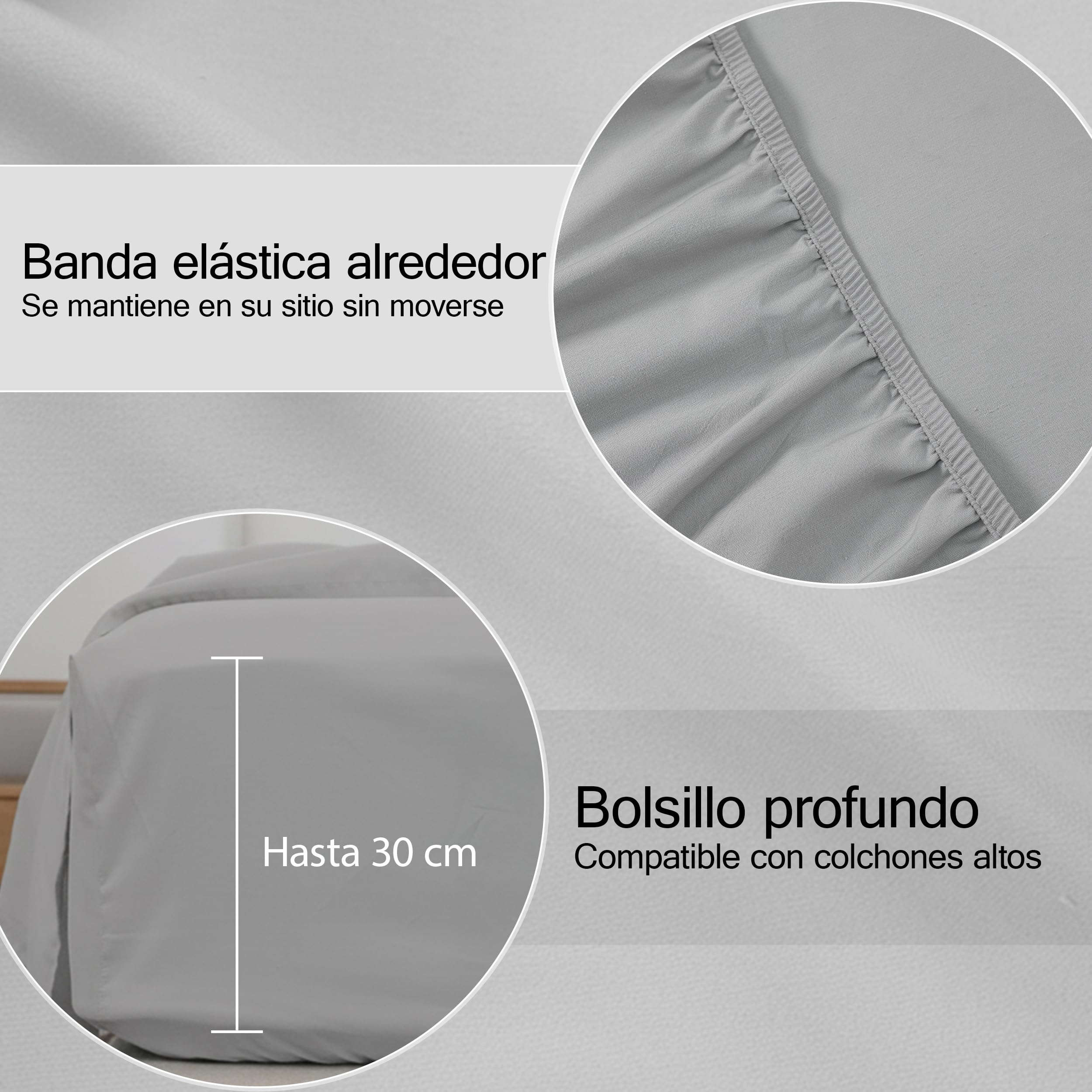 H HANSEL HOME Juego de Sábanas de Microfibra Cepillada, Sábana Bajera Ajustable Altura 30 cm, Encimera y Fundas de Almohada, para Cama 105cm, 3 Piezas 105x190/200cm - Gris Claro — view 3