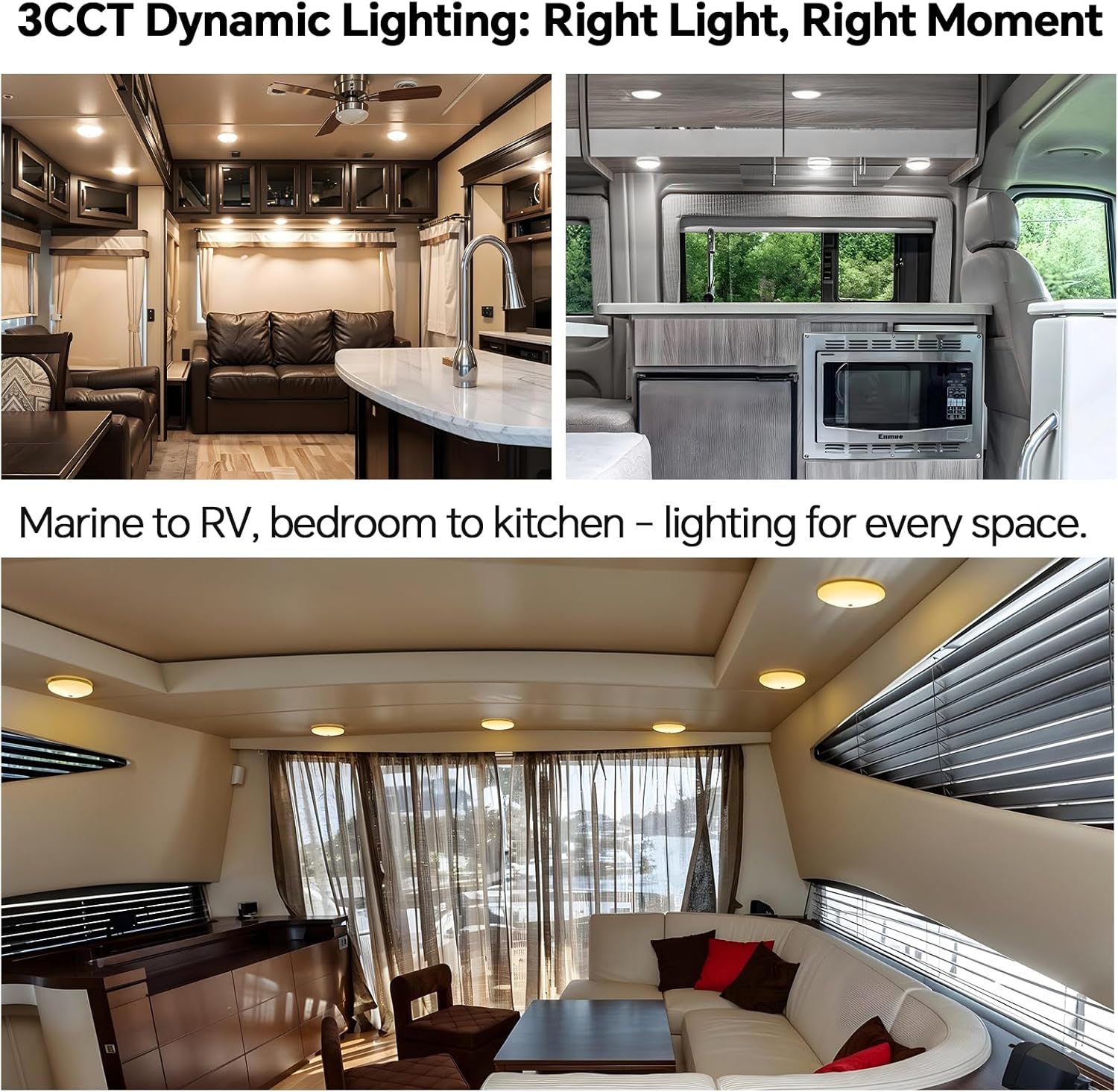 4.5'' 3CCT RV Interior Ceiling Lights 3000K/4500K/6000K Switchable with Blue Nightlight 12V RV LED Puck Light for Motorhome Camper Trailer Boat, Surface Mount w/Dimmer Switch (6 Pcs)