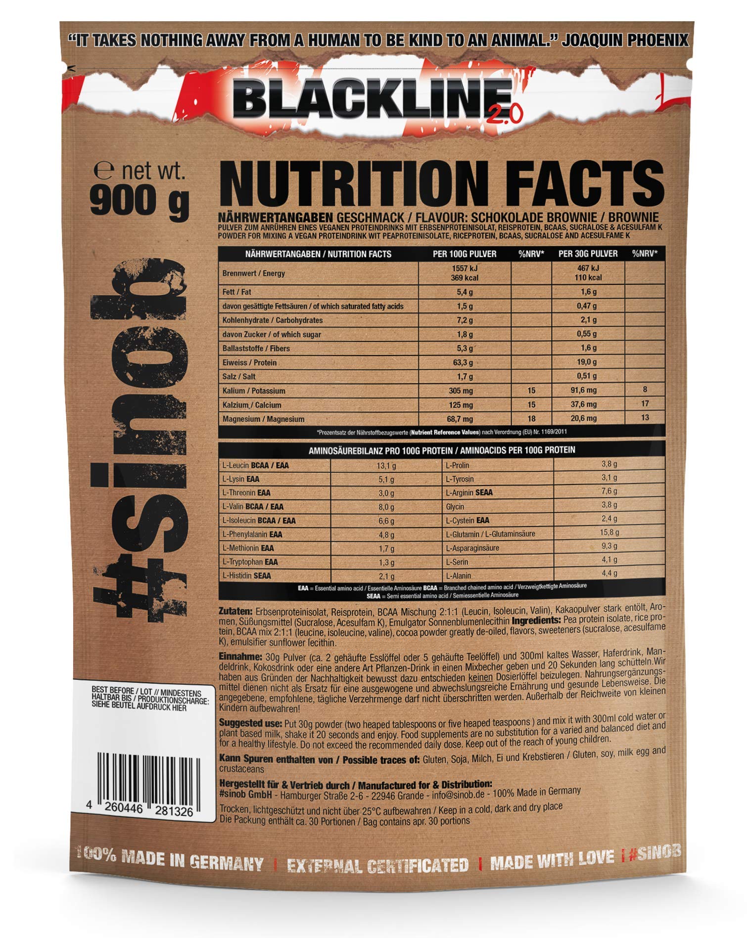 sinob Veggy+ (Brownie al Cioccolato) Polvere di Proteine Vegane a Base di Proteine in Polvere di Riso e Piselli + BCAA. 1 x 900 g