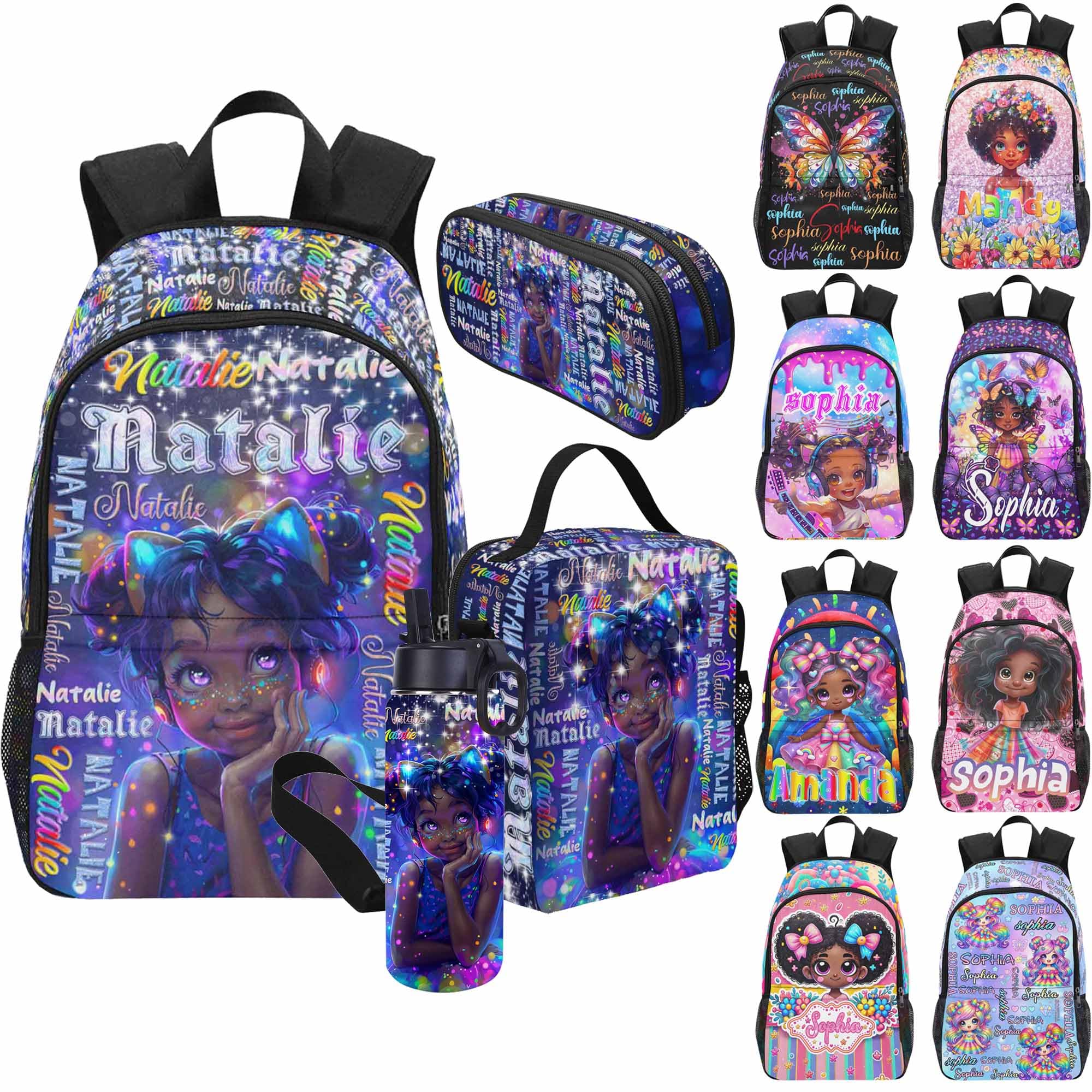 Custom Backpack for Black Girls Personalized Kid Princess Backpack Daypacks and Lunch Box Set with Name for Kindergarten Custom Back to School BookBag