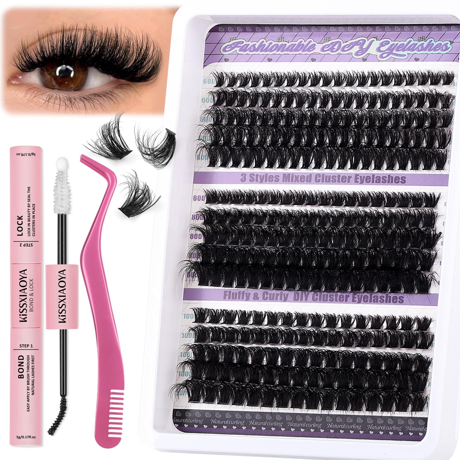 LYMYBETY Fluffy Individual Eyelashes Kit 270Pcs D Curl Cluster Lashes 10-18mm DIY Lash Extension kit Russian Individual Eyelashes with Lash Bond and Seal,Tweezers for Beginners(60+80+100 KIT