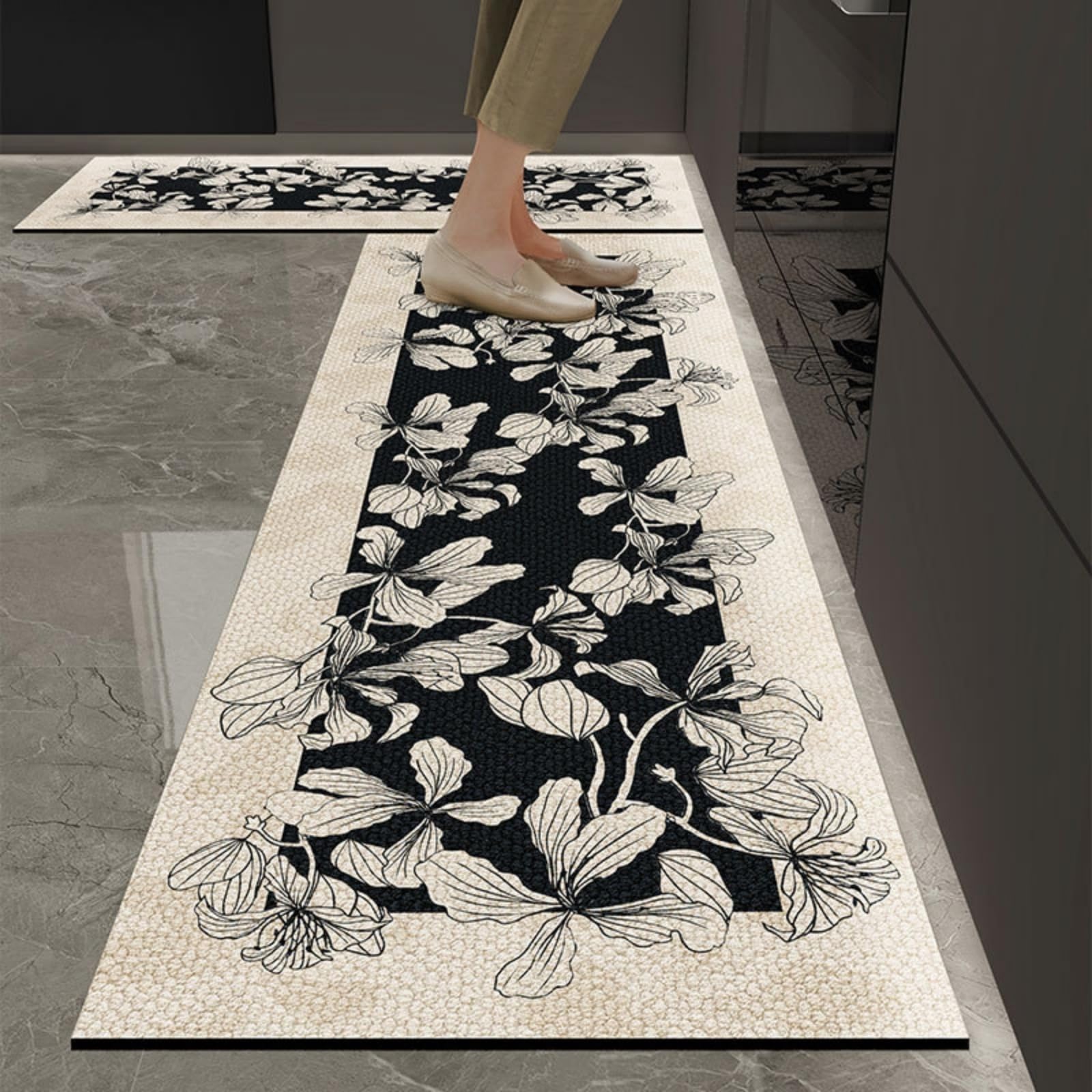 Tappeto Cucina 50X160Cm Fiori Bianchi Neri Tappeto Cucina In Vinile Antiscivolo Lavabile,Stuoia Cucine Facile Da Pulire,Tappetino Moderno Multiuso, Adatto Corridoio Soggiorno