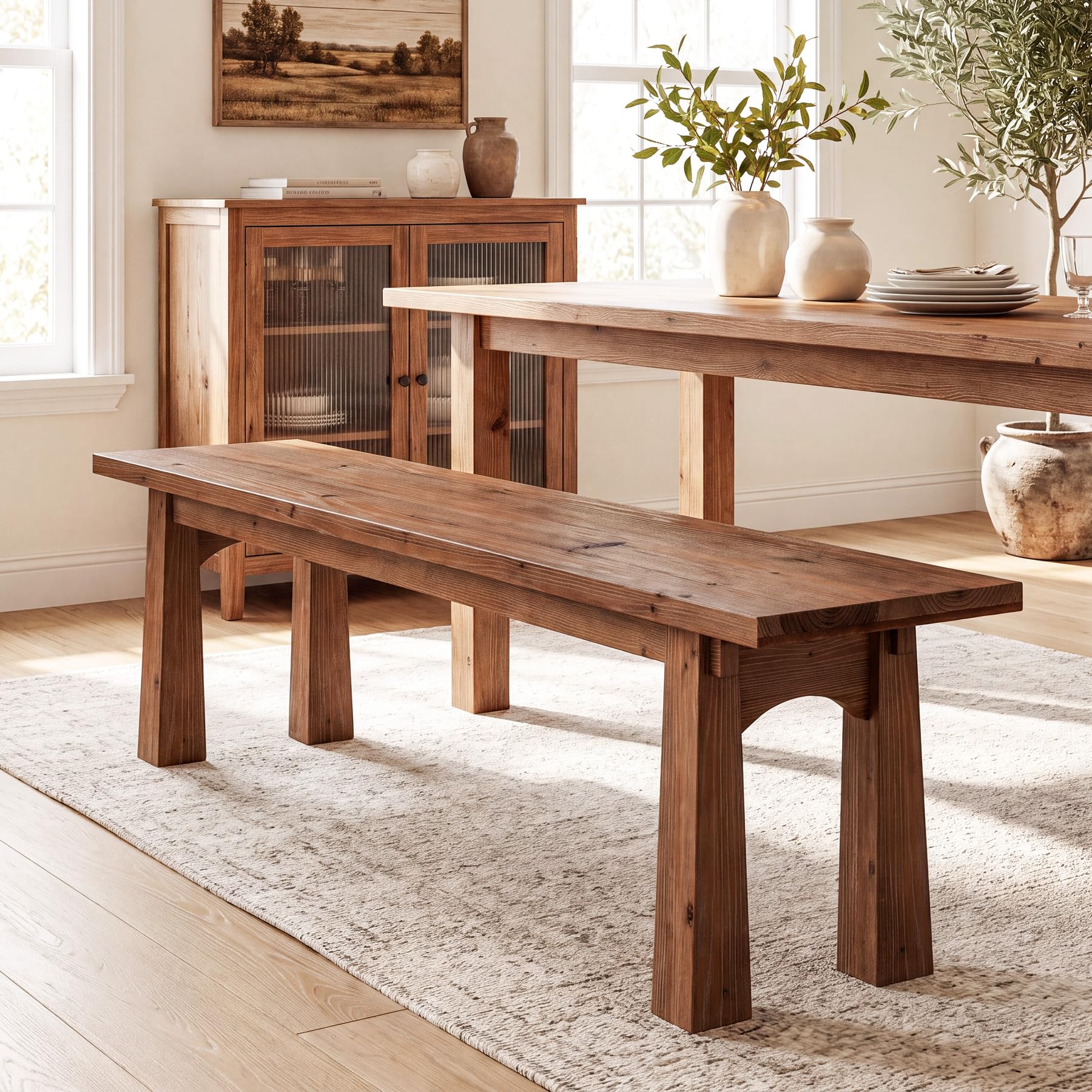 Solid Wood Farmhouse Bench - 55" Rustic