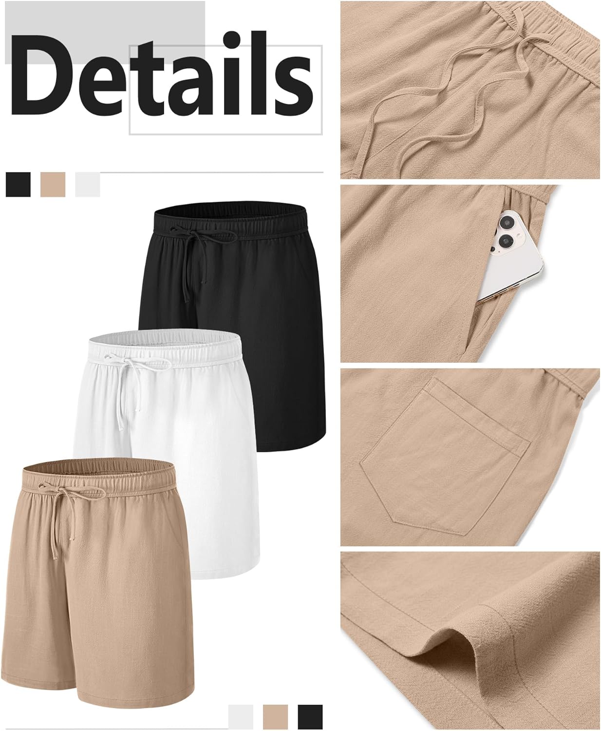 Neer 3 Pack Linen Shorts for Men Casual Beach Summer Lightweight Elastic Waist Drawstring with 3 Pockets - Image 5