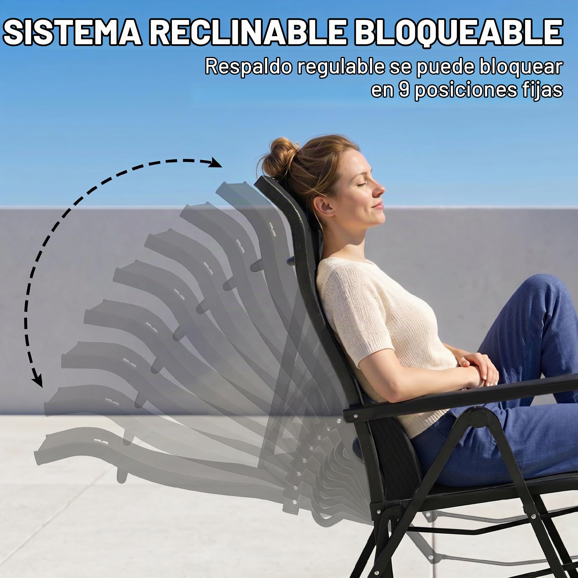 Outsunny Silla Reclinable Plegable de Jardín 9 Posiciones 150 kg Negro | Respaldo Ajustable, Cojín Lumbar, Estructura de Acero y Textilene Transpirable