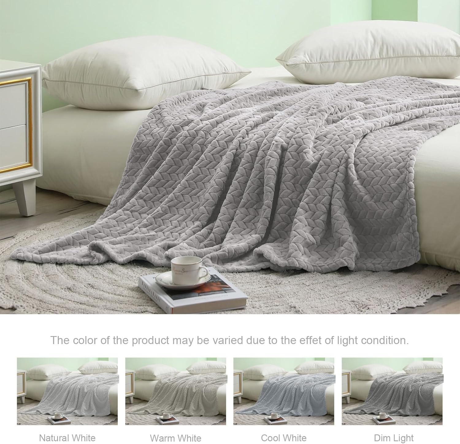Exclusivo Mezcla Light Grey Fleece Queen Size Blanket for Bed, 90x90 Inches Soft Cozy 3D Decorative Jacquard Flannel Blankets, Lightweight Fuzzy Plush Warm Blankets for All Seasons - Image 5