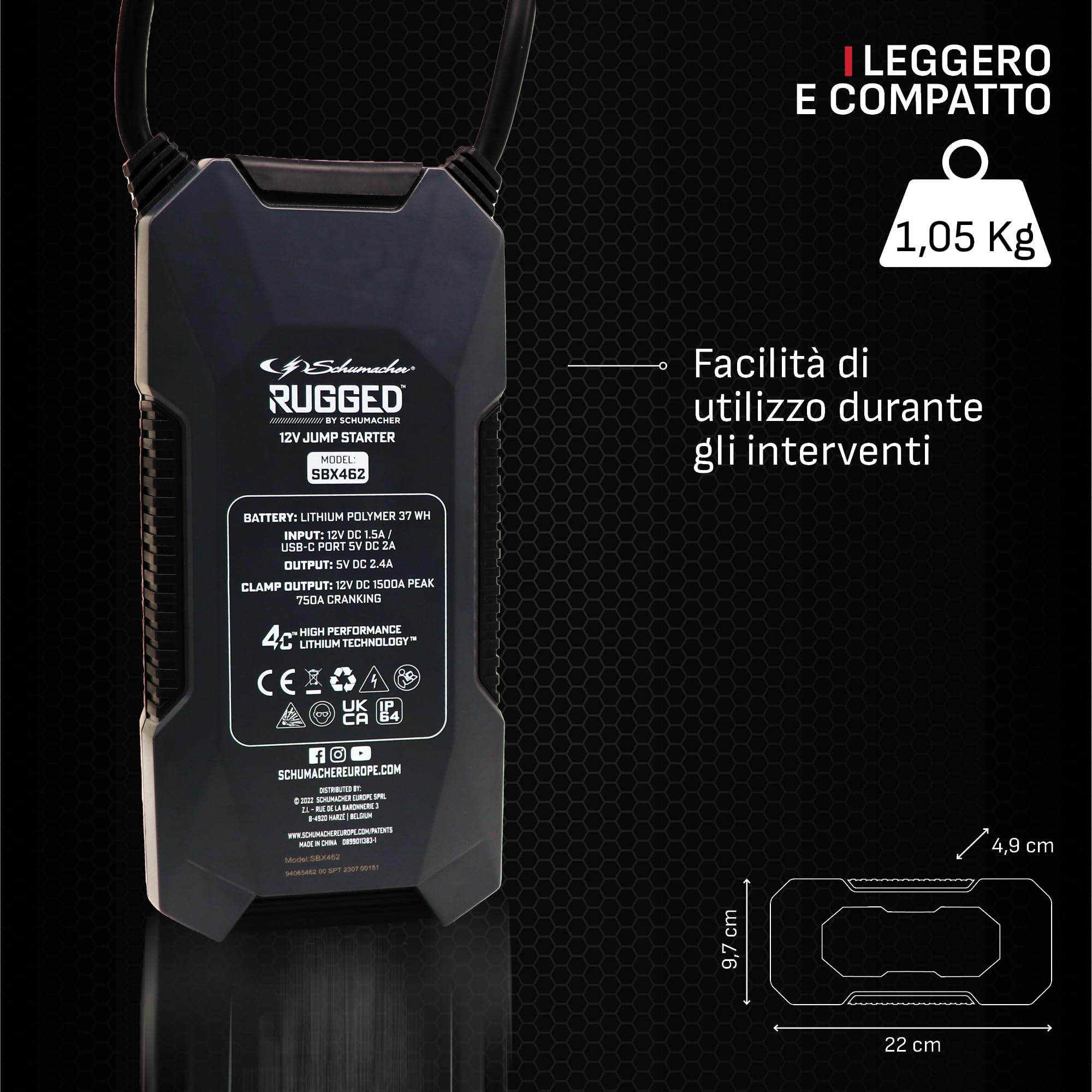 Schumacher Electric SBX462 - Avviatore Auto 1500A 12V - Booster al Litio con Morsetti Sicuri - Motori Benzina 8L / Diesel 6L - USB, LED - Modalità Override e Pre-Boost
