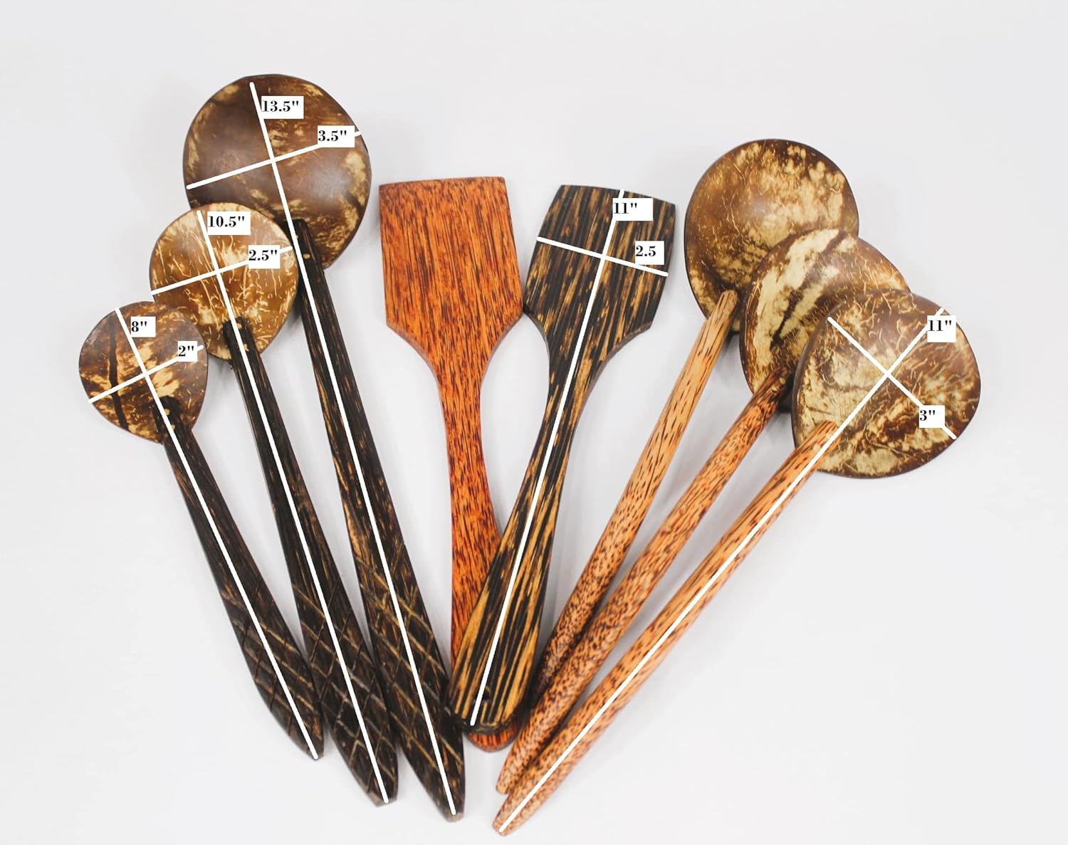 Handcrafted Wooden Spoons set, 3 coconut wood spoons, 3 palm wood spoons, 2 spatulas made of coconut wood and palm wood.