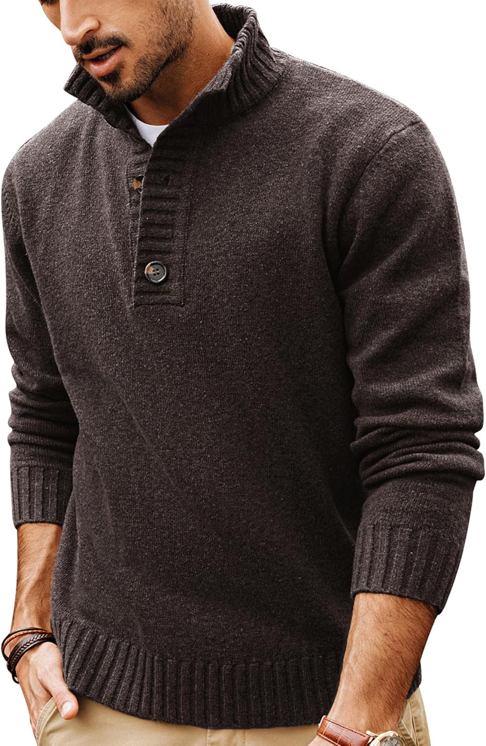 PJ PAUL JONES Mens Pullover Sweaters Quarter Button Sweater Stand Collar Knit Pullovers