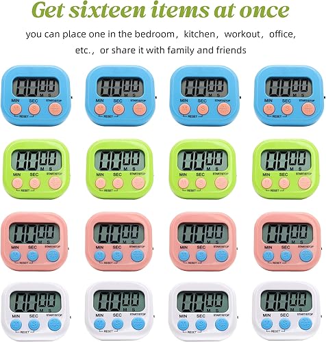Miniatura 9 de Paquete de 16 temporizadores electrónicos multifunción, temporizador de cocina, temporizadores digitales magnéticos, pantalla LCD grande,