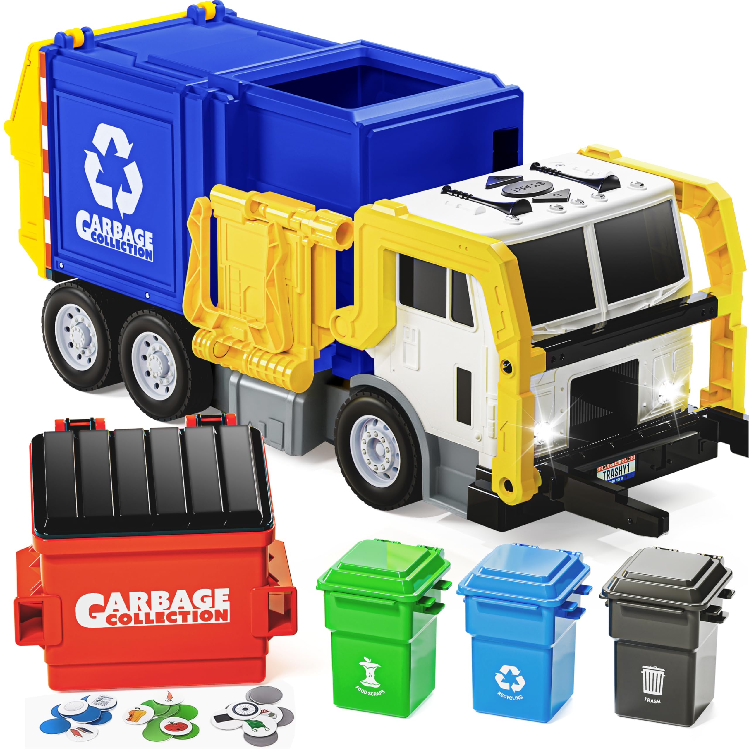 JOYIN Large Garbage Truck Toy with Dumpster, Trash Bins, and Learning Cards for Kids, Educational Friction Powered Vehicle Playset, Boy Toys Toddler Birthday Gift for Boys Girls for 4-8 Year old โ image 1