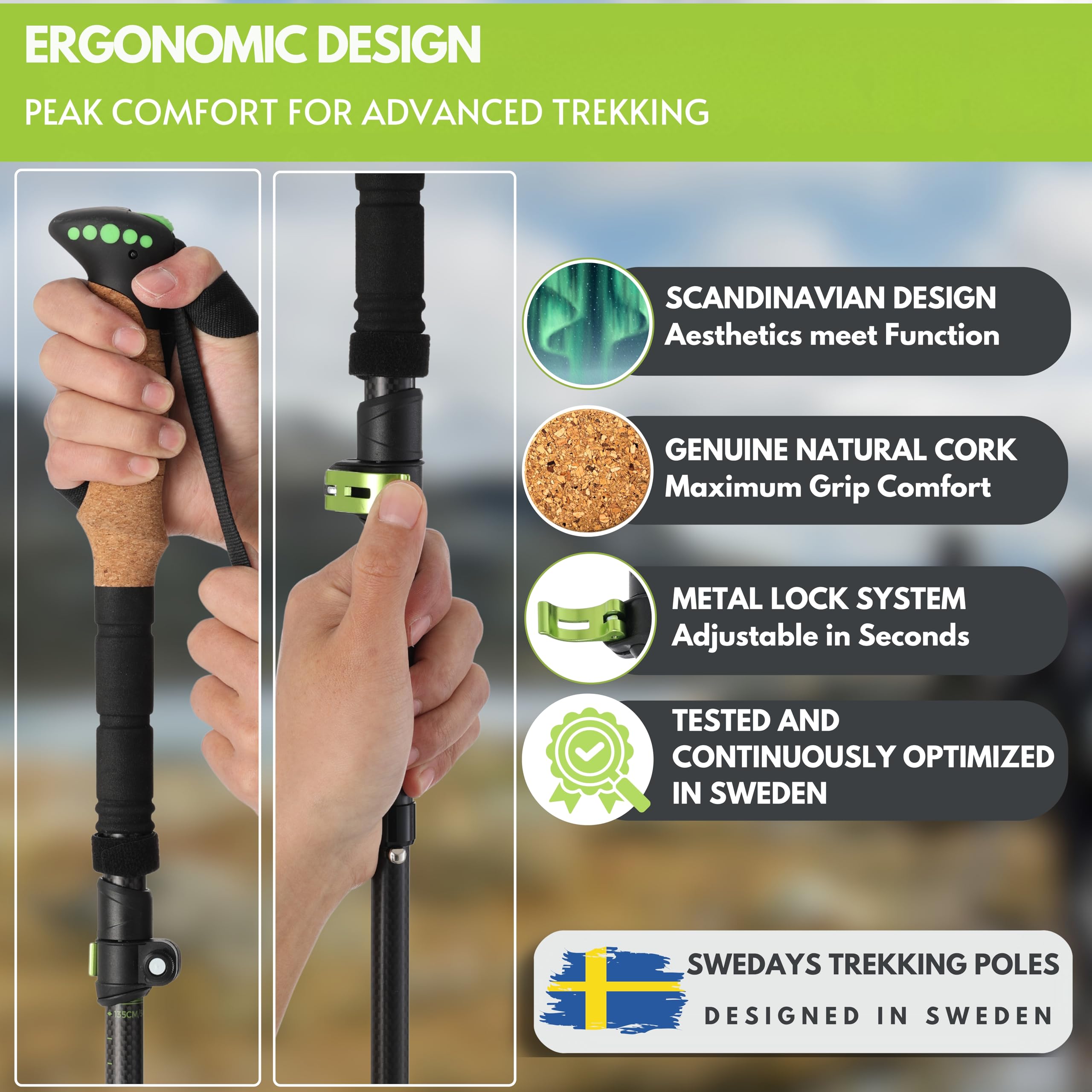 Kijki trekkingowe, składane, z włókna węglowego, do nordic walkingu, dla kobiet i mężczyzn, lekkie i regulowane, 115-135 cm, kijki trekkingowe z korkowym uchwytem i gumowym odbojnikiem
